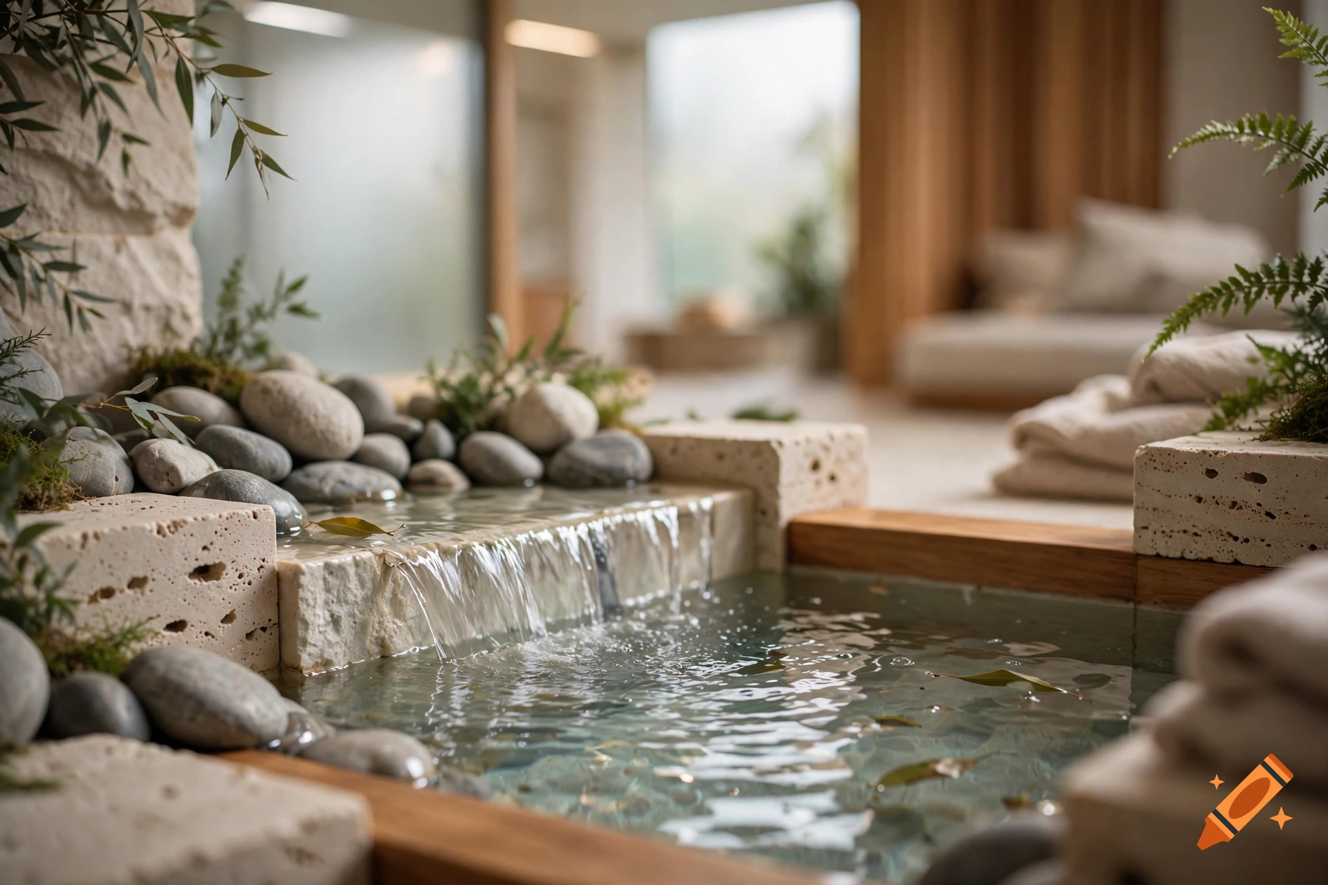 Close-up of a tranquil wellness space water feature with smooth river stones and travertine tile in a photorealistic style.