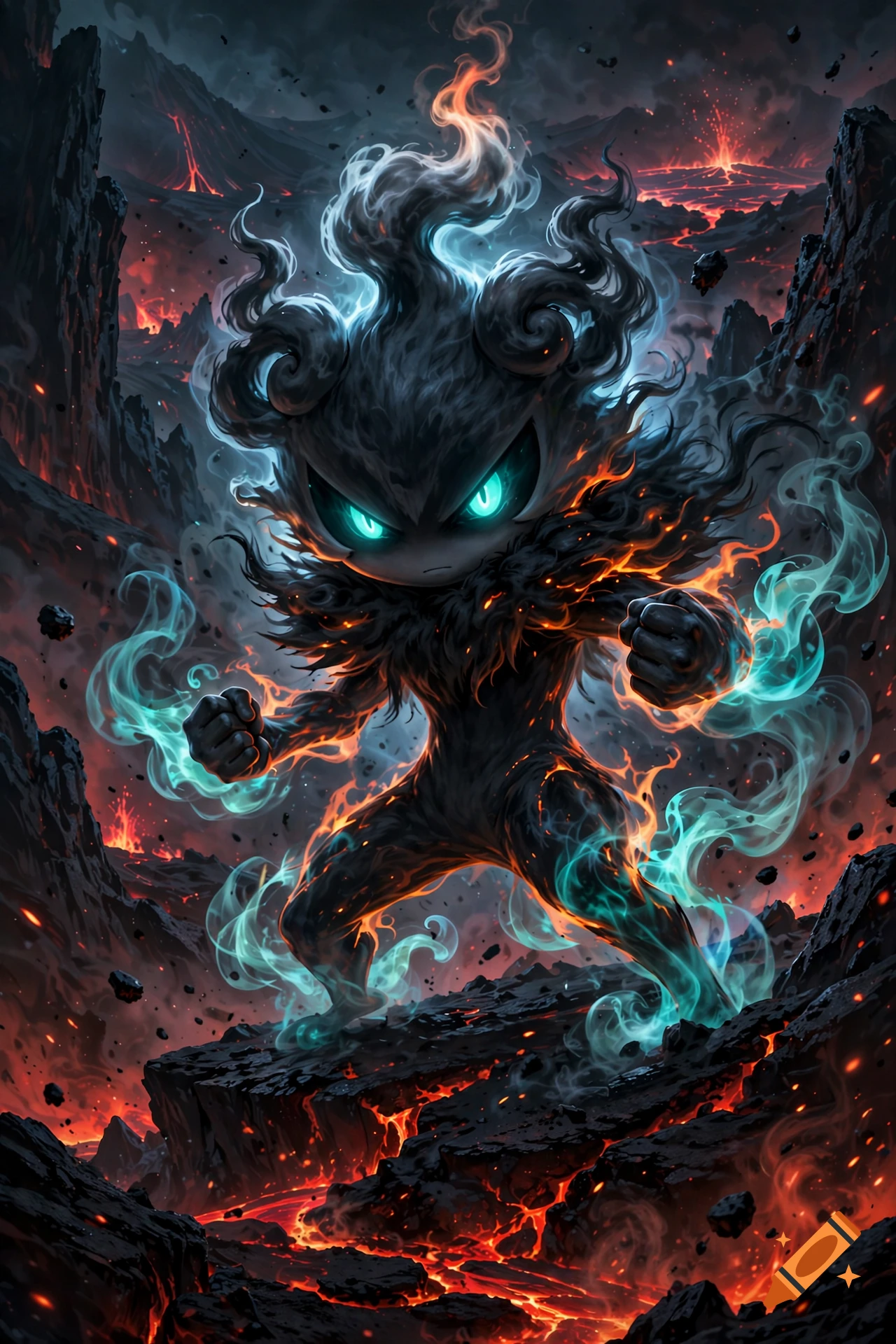 Digital illustration of Marshadow from Pokemon striking a dynamic pose amidst a volcanic landscape with glowing embers and smoke.