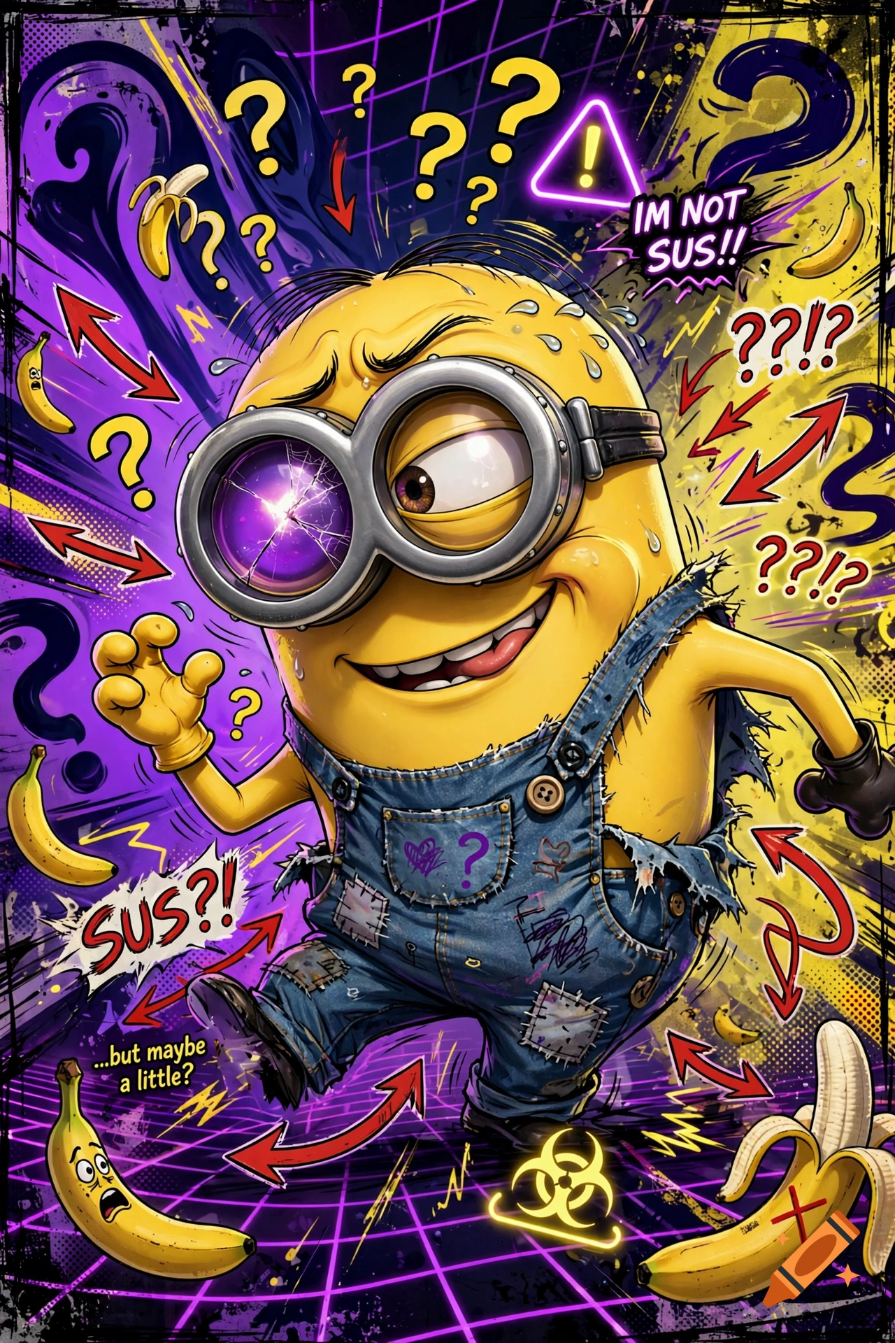 A stylized digital artwork of a yellow minion character in denim overalls surrounded by question marks, arrows, and bananas against a vibrant purple and yellow background.