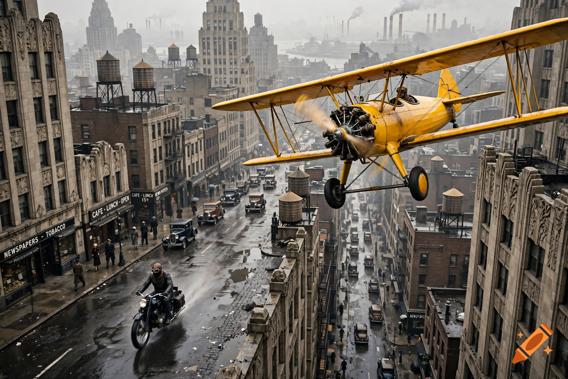 A vintage yellow biplane flies over a rainy 1930s New York City street with a motorcycle rider below.
