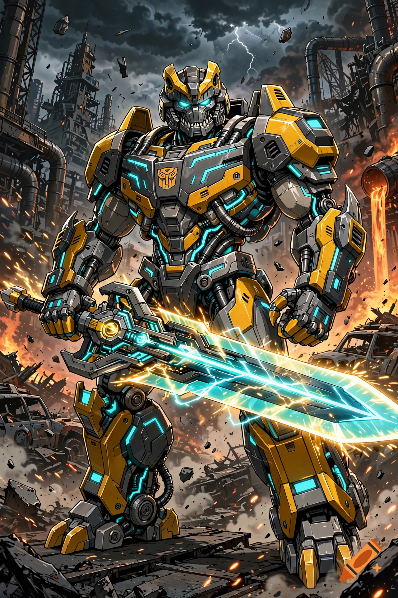 An animated yellow and grey mechanical robot resembling Grimlock holding a glowing energy sword amidst industrial ruins.