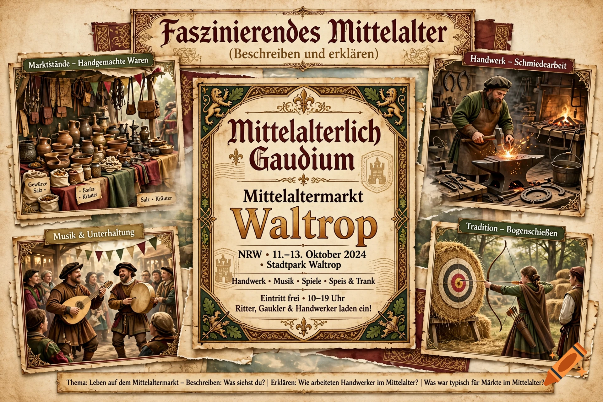 Educational poster collage about a medieval market in Waltrop, featuring historical scenes and German text.