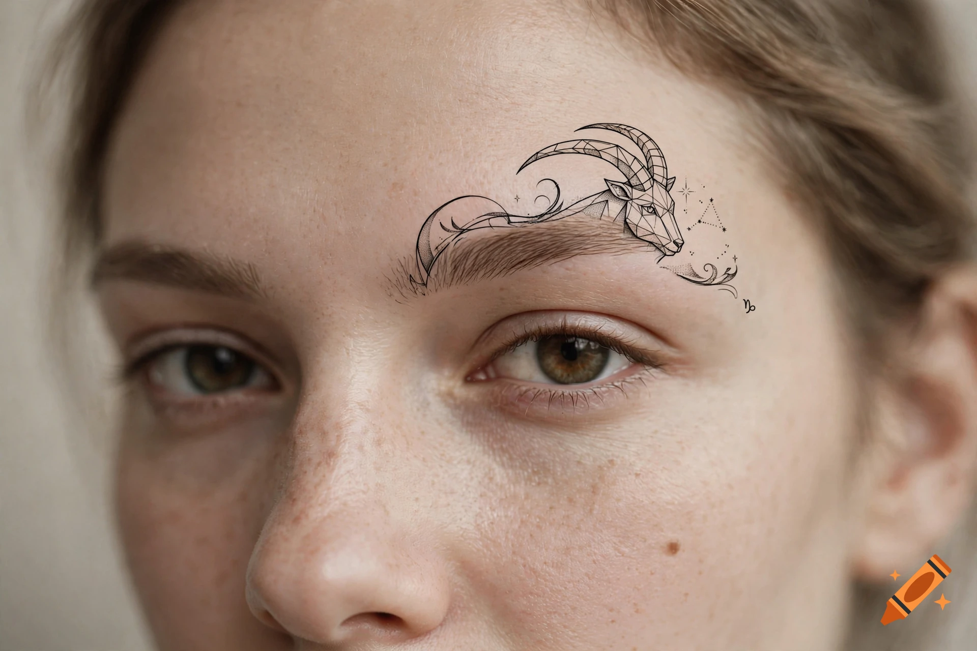 Close-up of a person's face with a fine-line Capricorn zodiac tattoo above the right eyebrow, photorealistic style.
