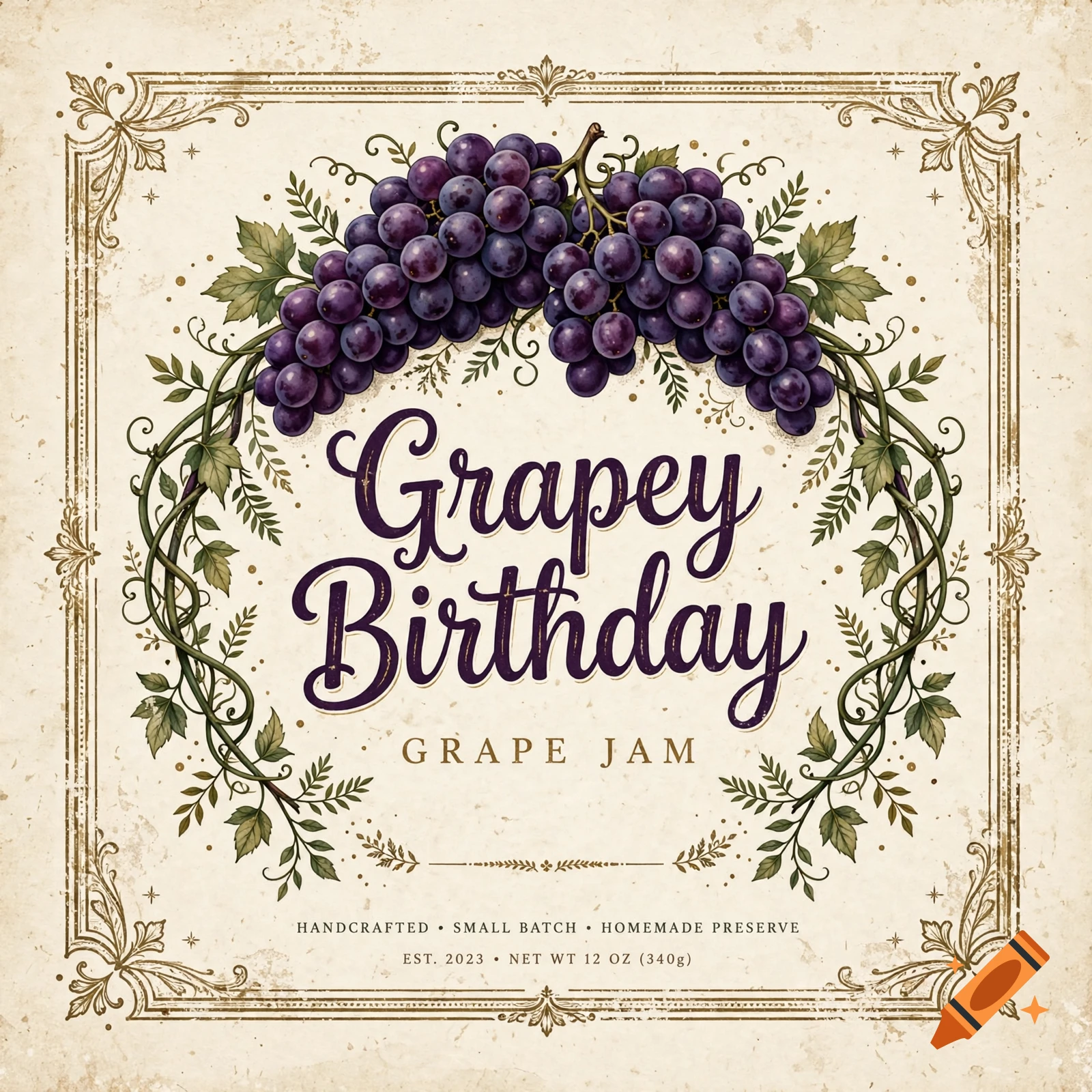 Vintage grape jam label with text 'Grapey Birthday' surrounded by a grape vine illustration.