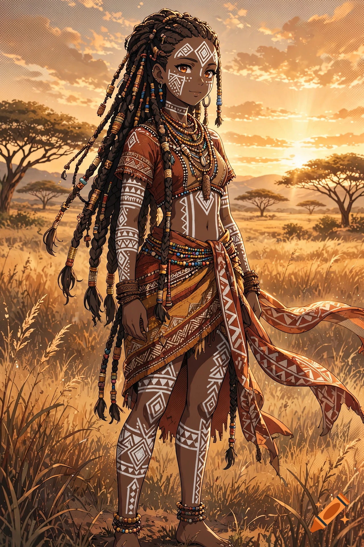 Anime art style full-body portrait of an African tribal girl with white body paint markings, standing in a savanna at sunset.