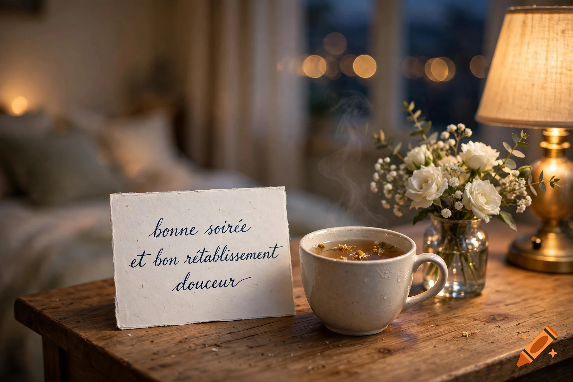 A warm, cozy scene with a steaming cup of tea, a handwritten French note, a vase of white flowers, and a glowing lamp on a wooden table.