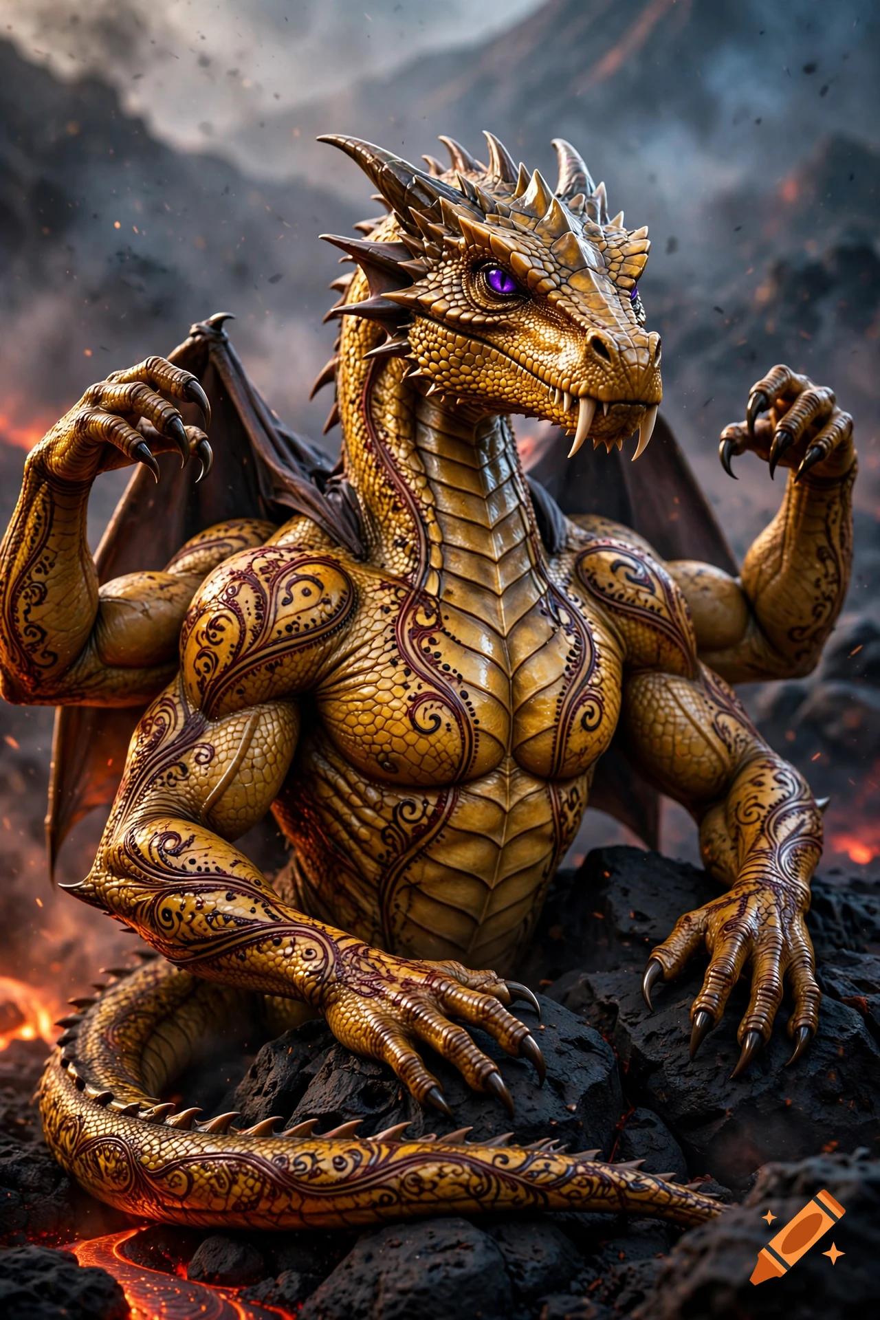 Detailed digital painting of a golden-yellow and henna-scaled dragon with four arms, violet eyes, and vampire fangs amidst volcanic rocks.