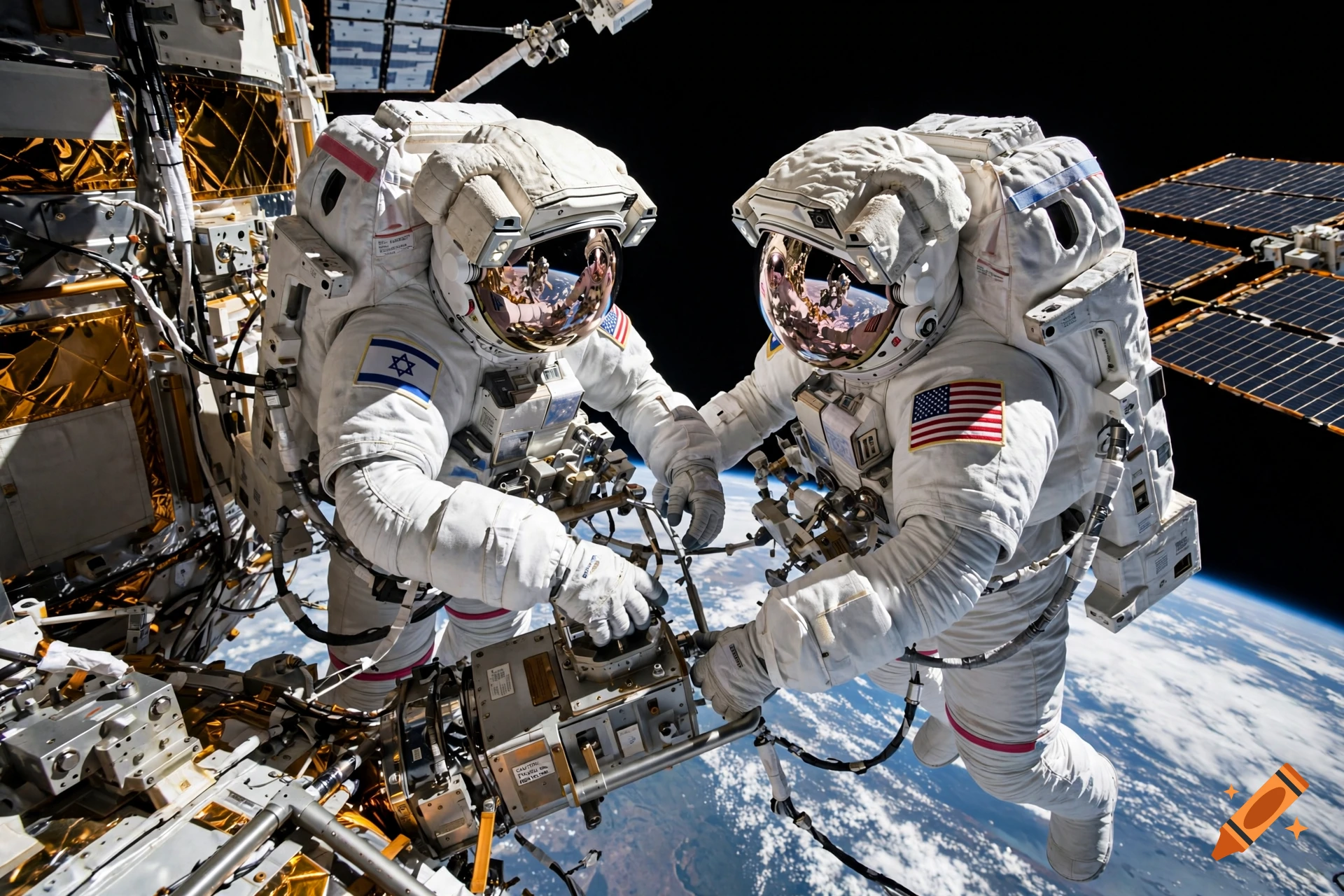 Photorealistic image of two astronauts on a spacewalk outside the ISS, one with an American flag and one with an Israeli flag on their suits.