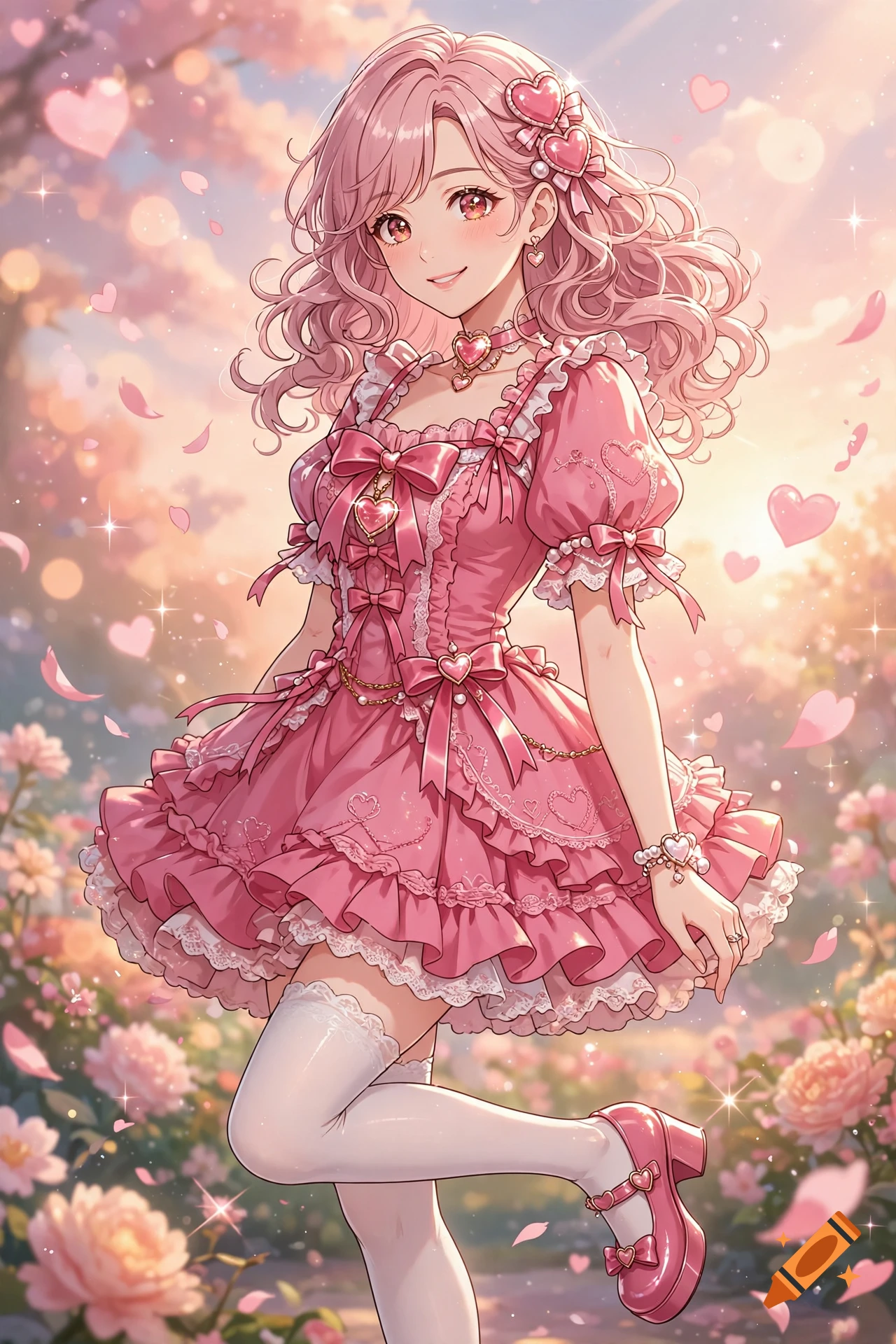 Anime style illustration of a smiling young woman with pink wavy hair wearing a frilly pink dress and white stockings in a garden.
