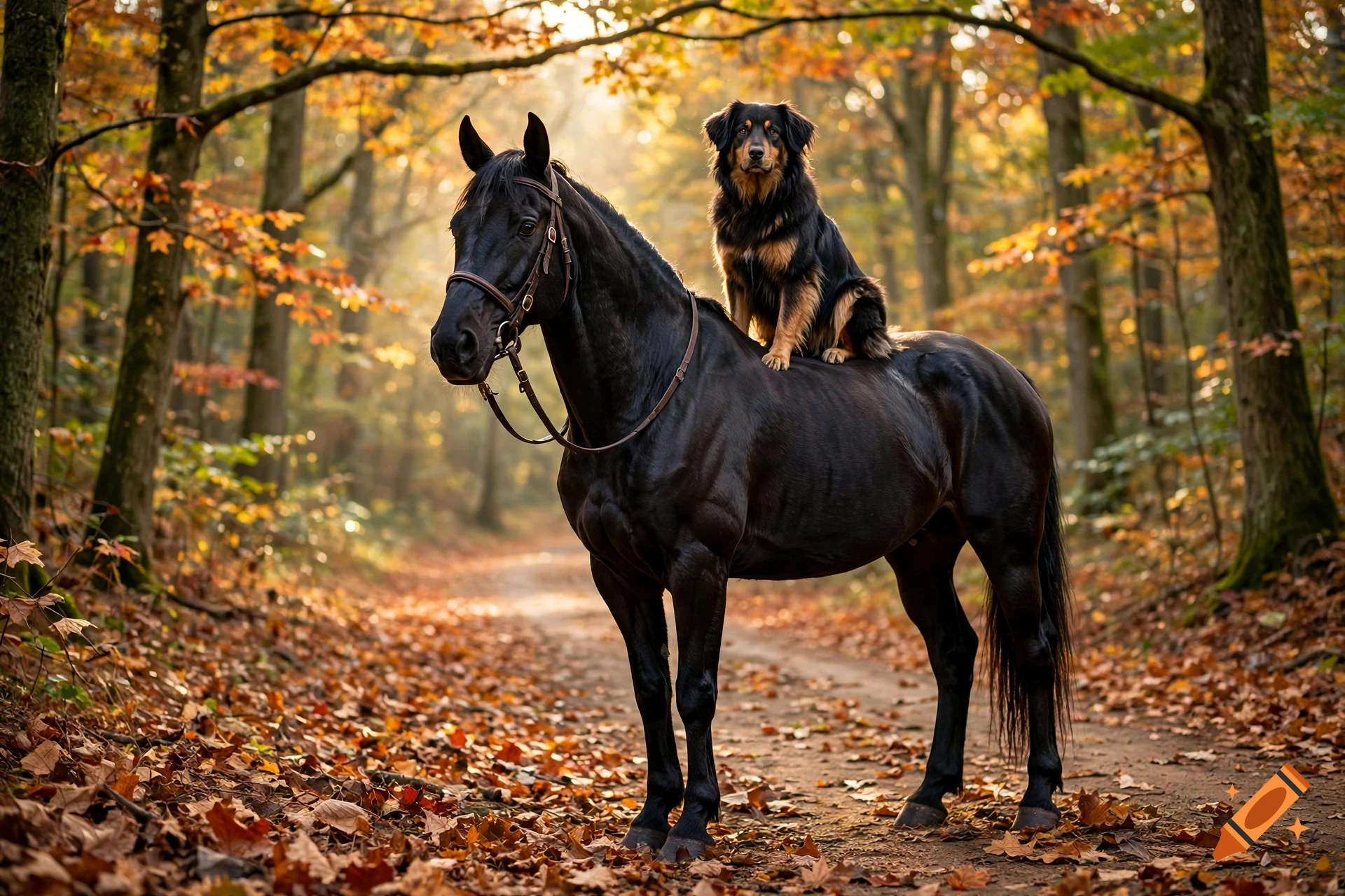A photorealistic image of a black horse standing on an autumn leaf-covered forest road with a black and tan dog sitting on its back.