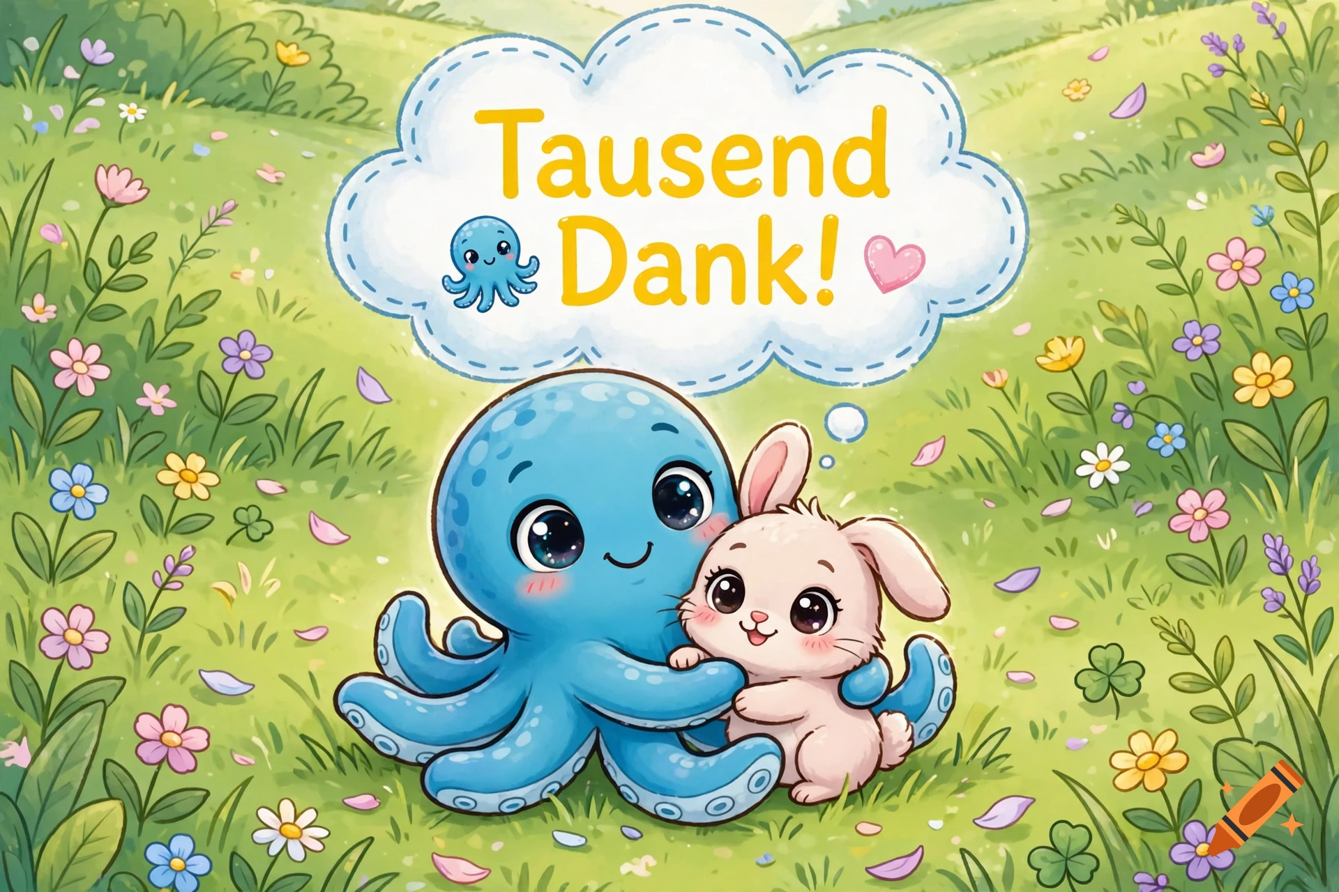 Digital illustration of a blue octopus hugging a cute bunny in a green meadow filled with flowers, with a speech bubble saying 'Tausend Dank!'.
