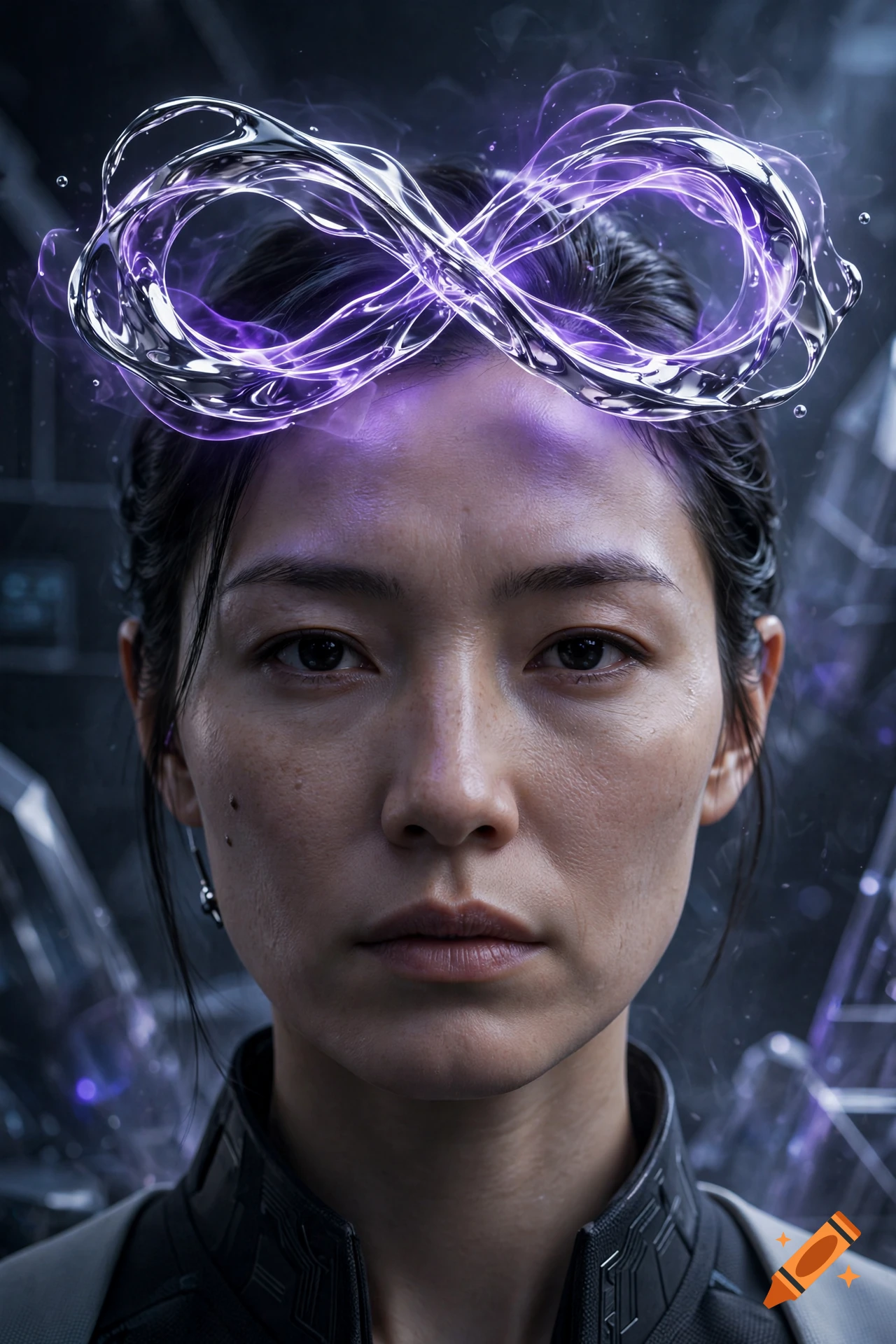 Close-up portrait of a person with dark hair, looking directly forward with a serious expression, with a glowing purple infinity symbol floating above their head.