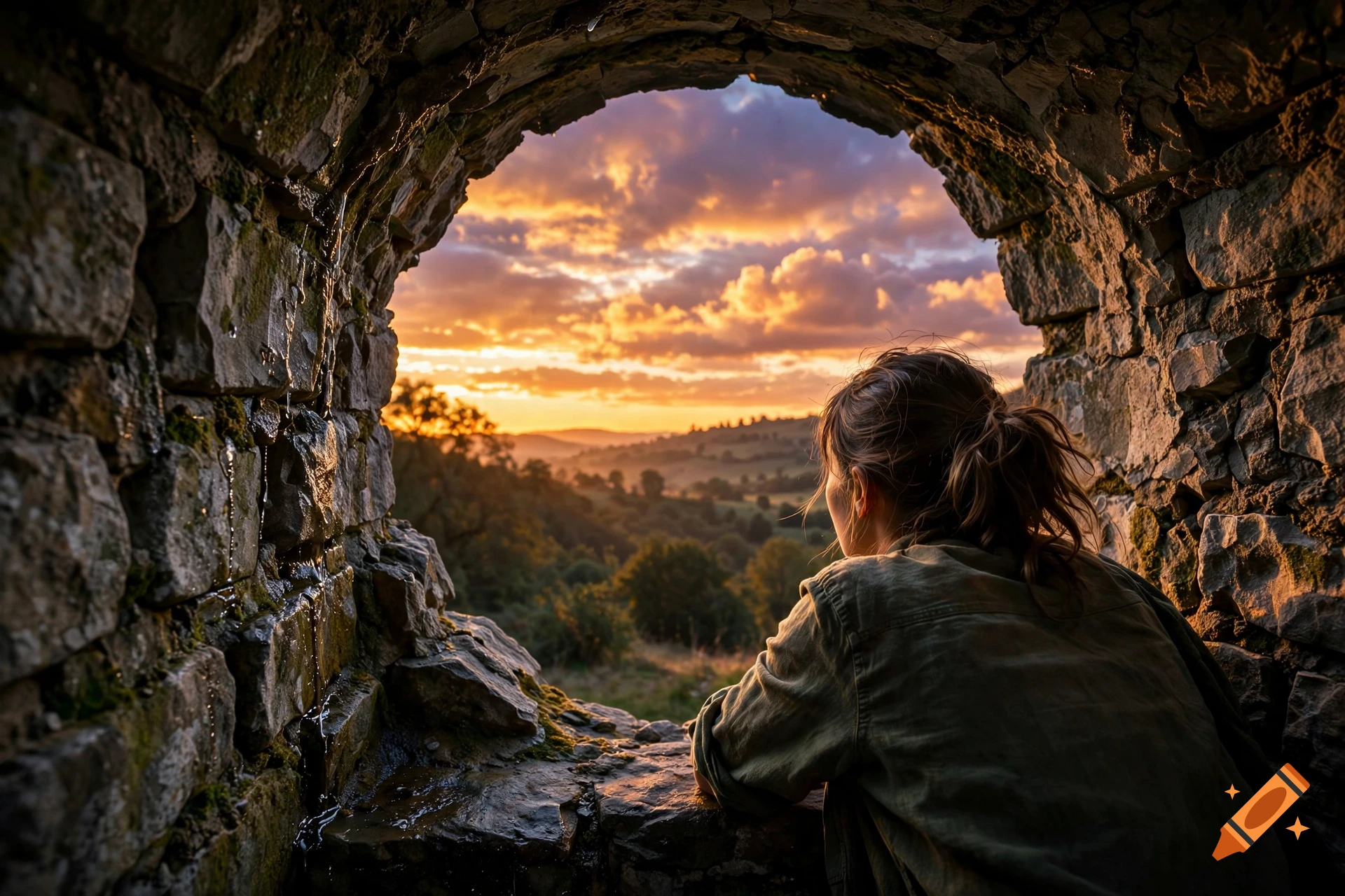 A person looking out from a stone archway at a sunset over rolling hills and trees.