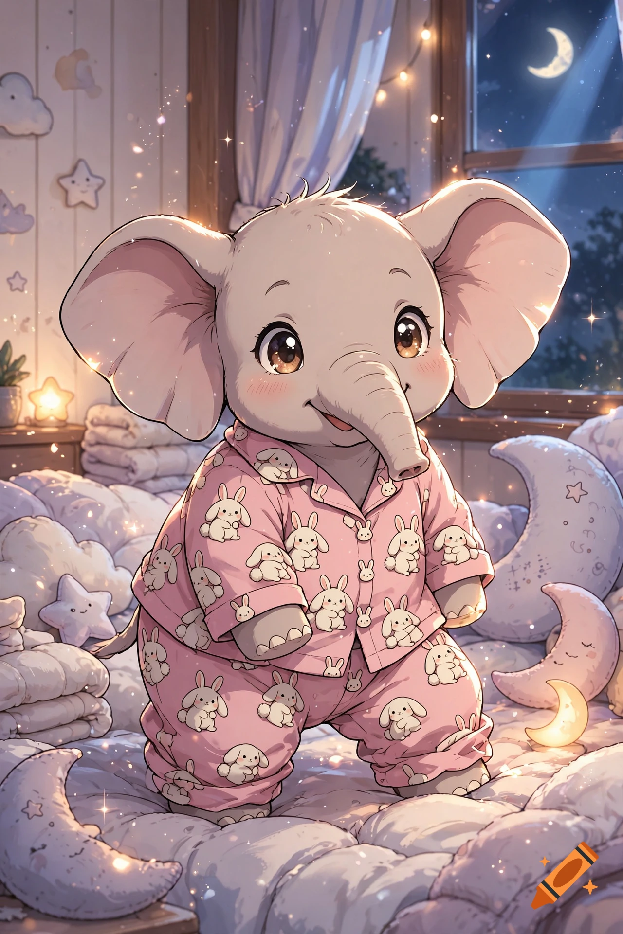 An anime-style elephant calf wearing pink bunny-patterned pajamas, standing in a cozy bedroom at night with moon and star decor.