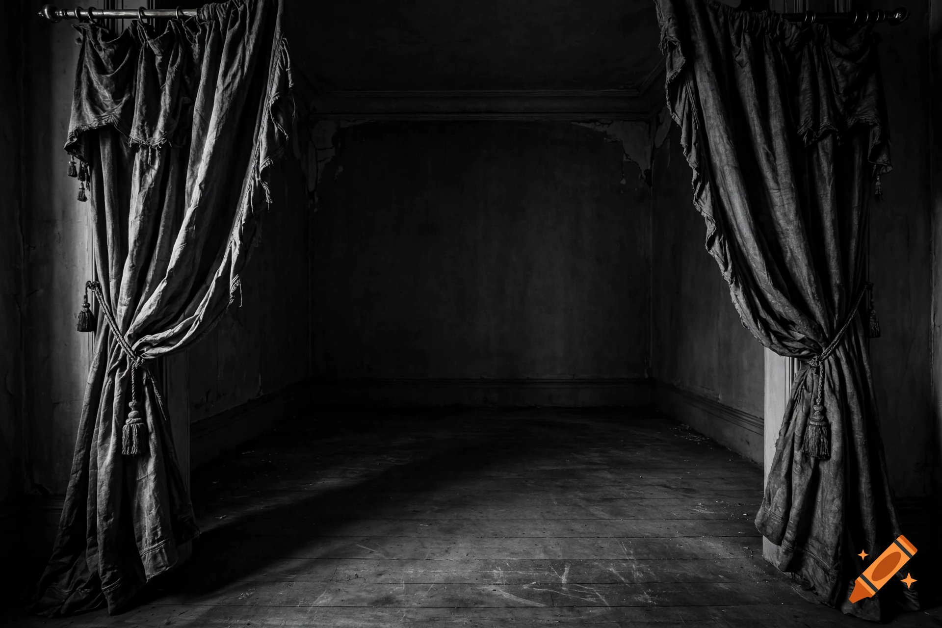 Black and white photograph of a dark, empty room with draped Victorian curtains on both sides of the entrance.
