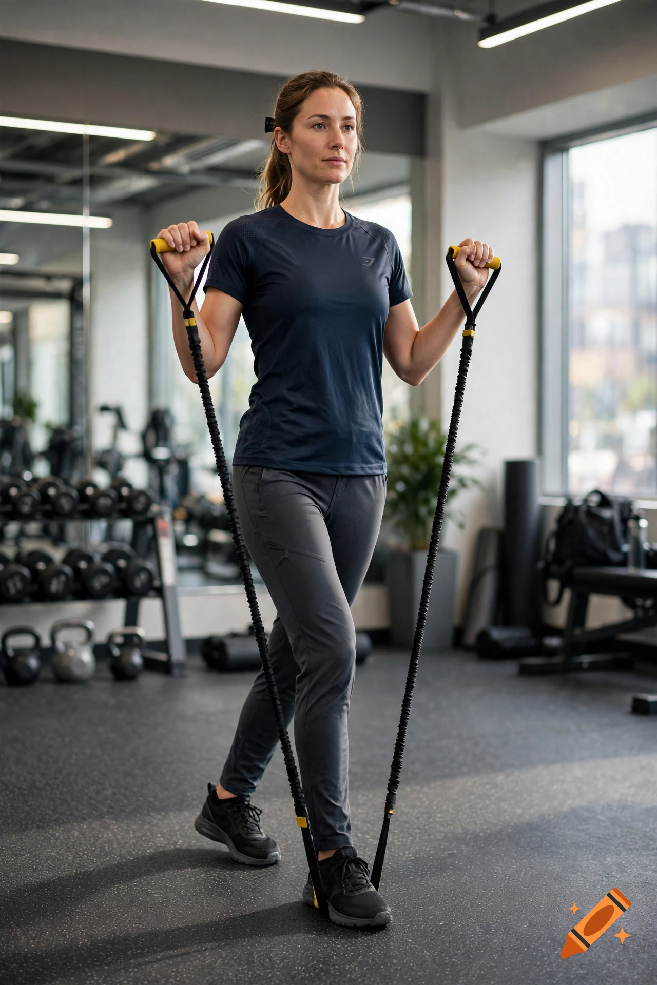 Photorealistic image of a woman exercising with a resistance band in a modern gym.