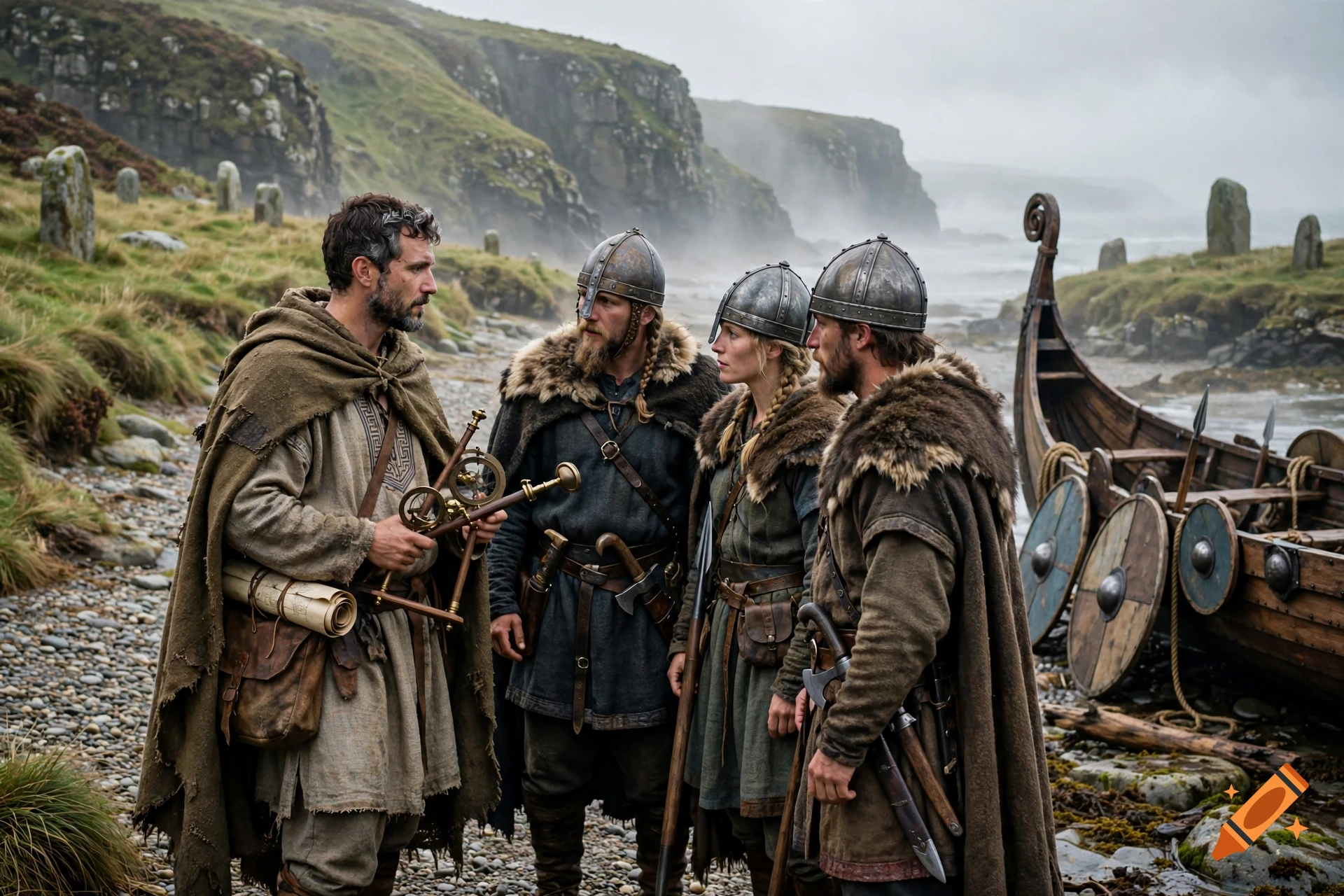 Photorealistic scene of historical explorers meeting Vikings on a rocky coast near a traditional longship.