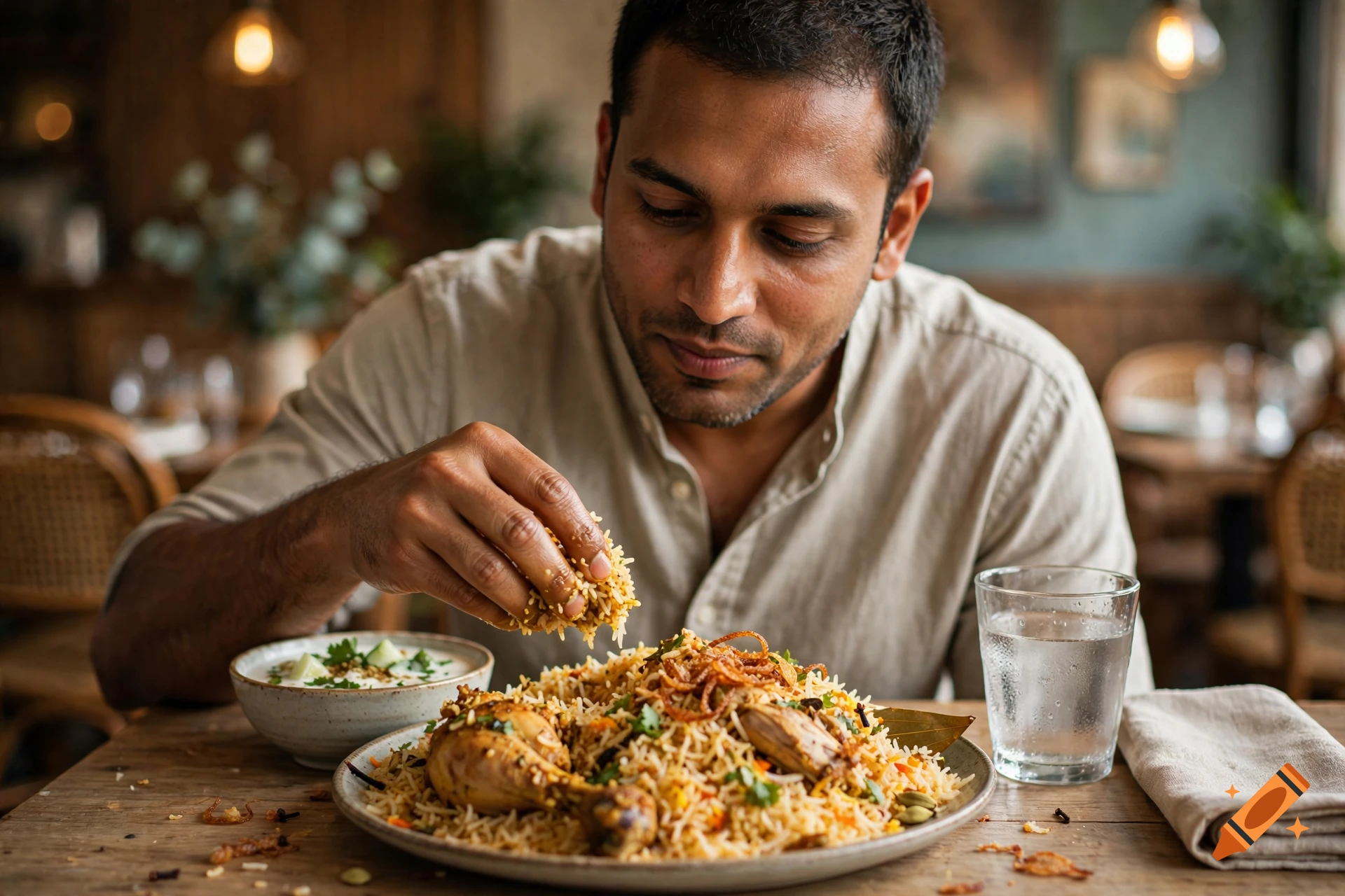 Photorealistic image of a man eating chicken biryani with his hands at a wooden restaurant table.