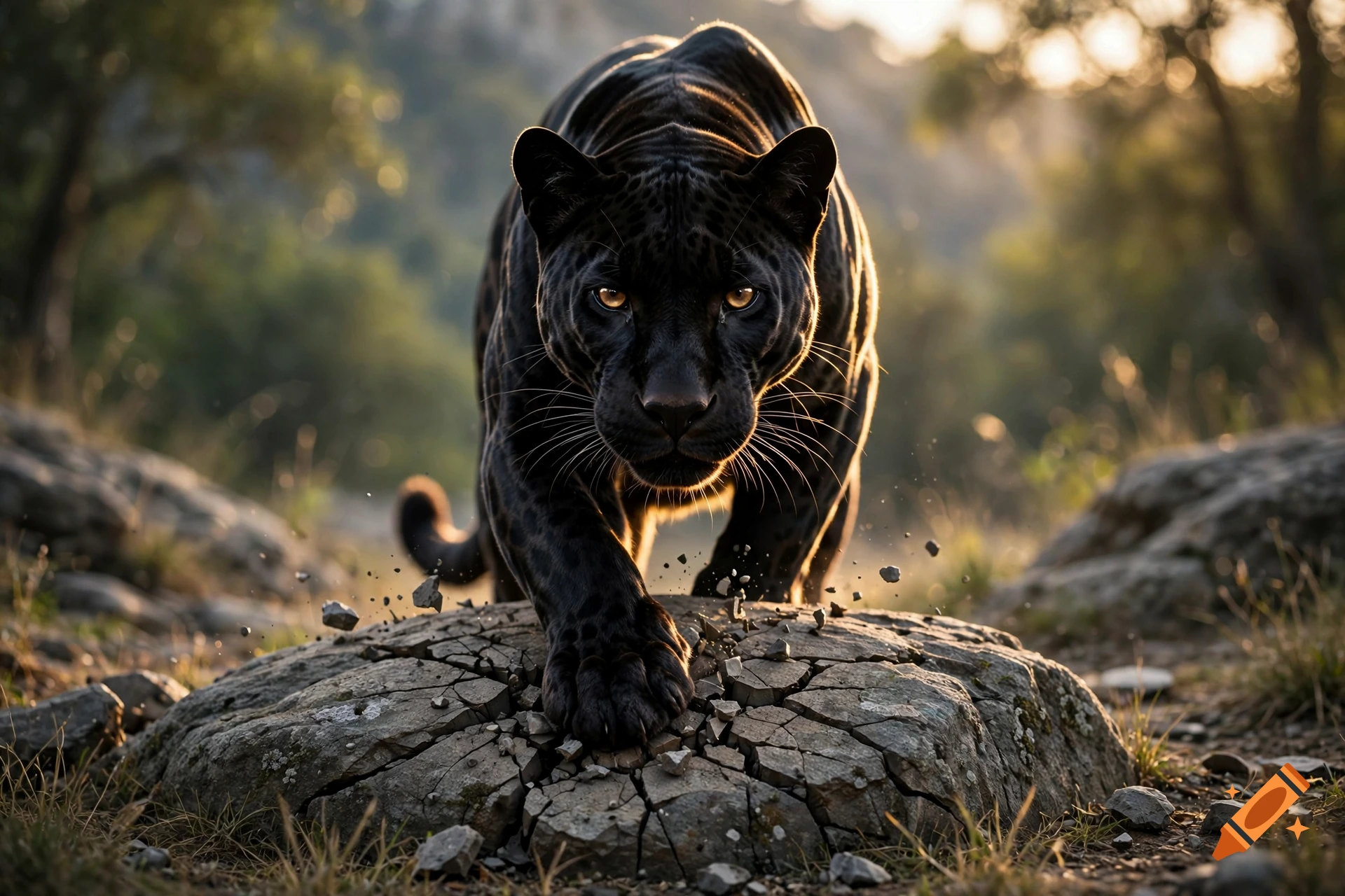 Photorealistic close-up of a black panther stepping on and cracking a rock in a sunny forest setting.