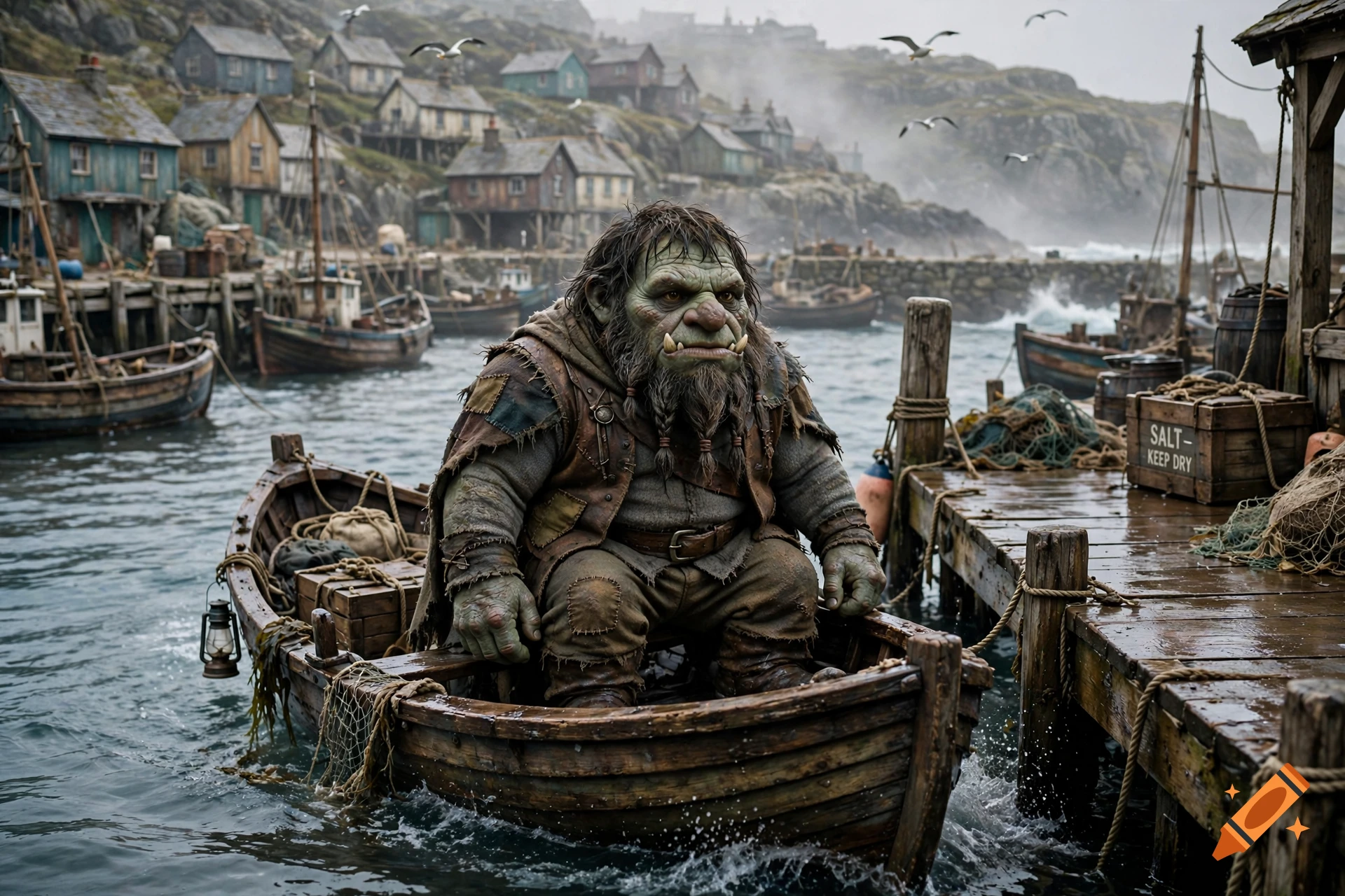Photorealistic image of a half-dwarf-half-troll sitting in a small wooden rowboat arriving at a coastal fishing village dock.
