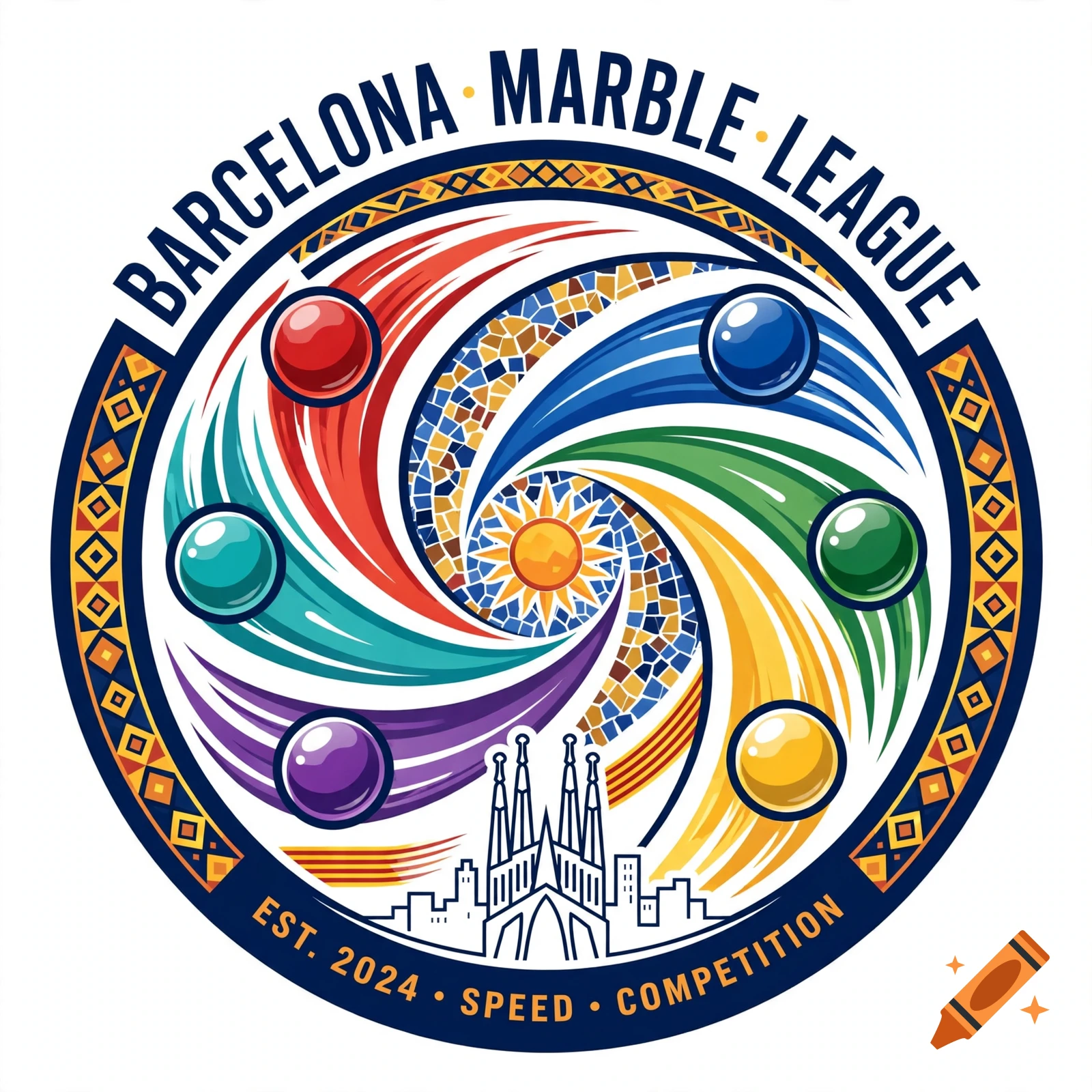 Round vector logo for Barcelona Marble League featuring colorful marbles, mosaic sun, and Sagrada Familia silhouette.