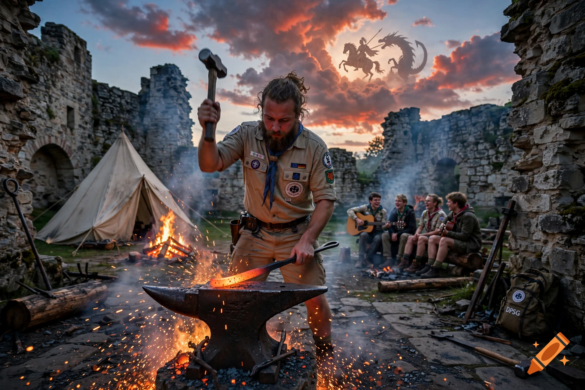 Photorealistic scene of a scout forging metal at an anvil inside a castle ruin at dusk, with other scouts singing around a campfire.