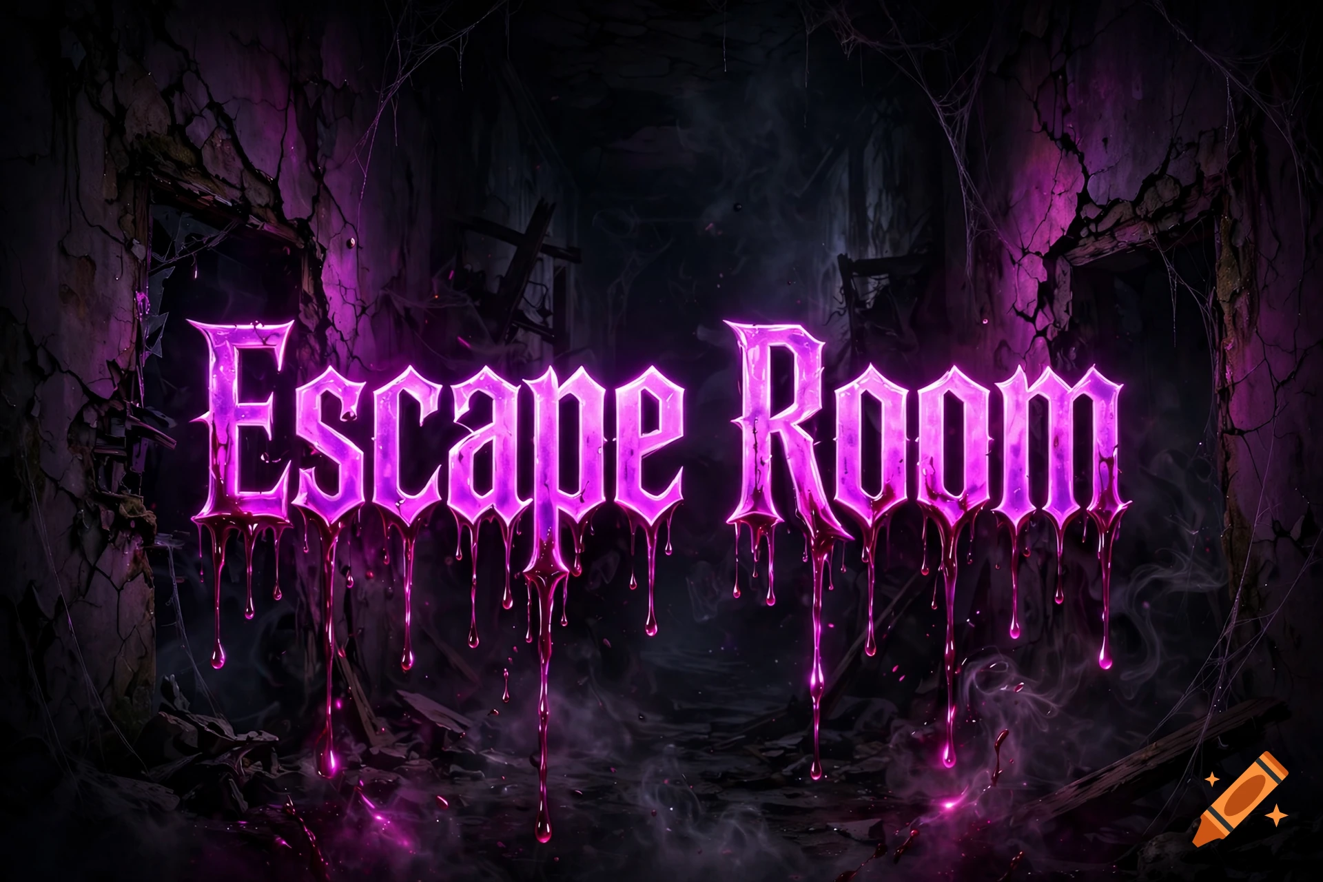 The text Escape Room rendered in glowing purple dripping blood, set against a dark and spooky hallway with cracked walls.