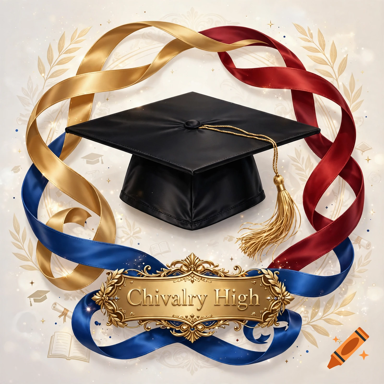 A black graduation cap with a gold tassel, surrounded by gold, red, and blue ribbons, featuring a plaque with the text 'Chivalry High'.
