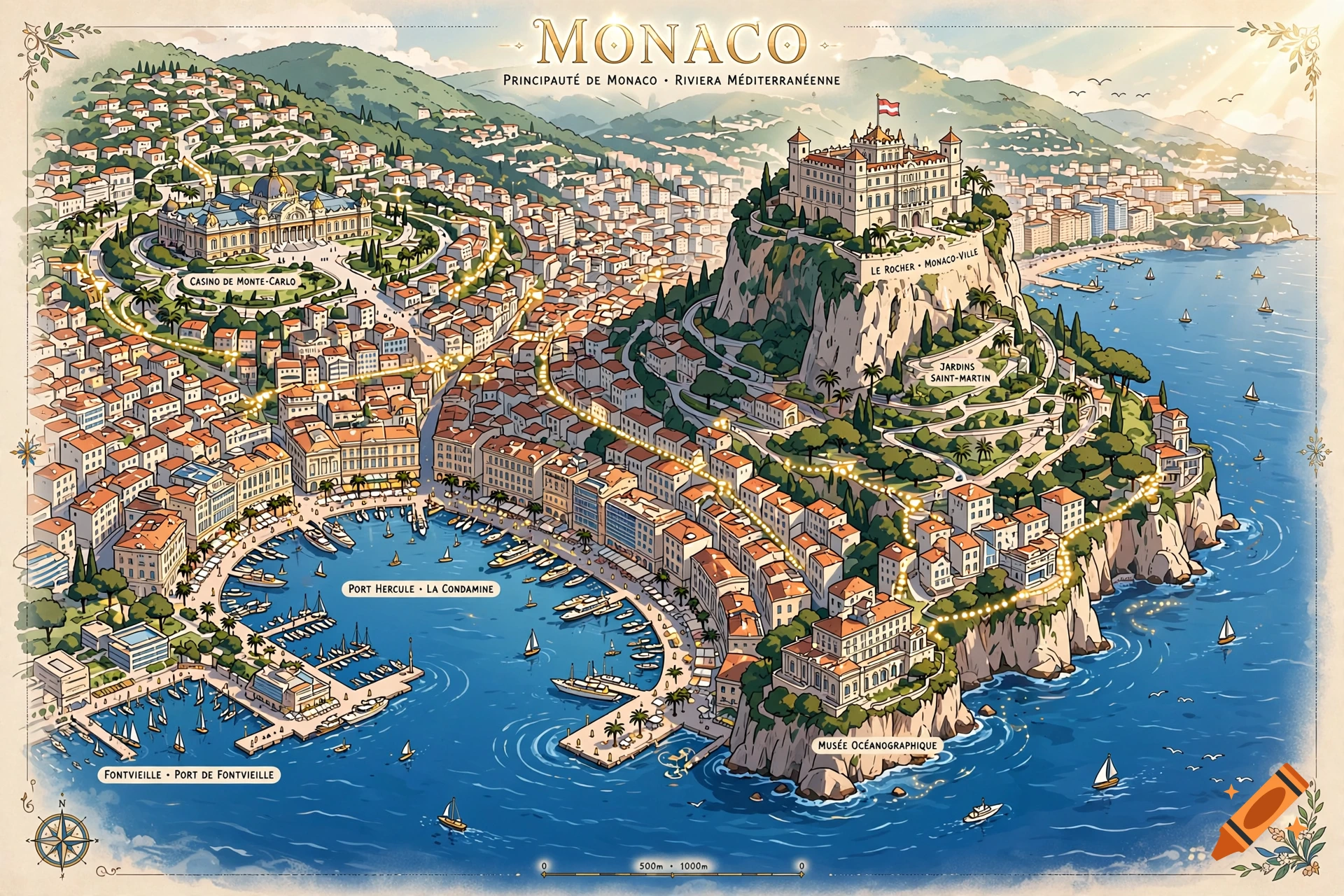 An illustrated map of Monaco showing its coastline, port, and cityscape in a clean, animated style.