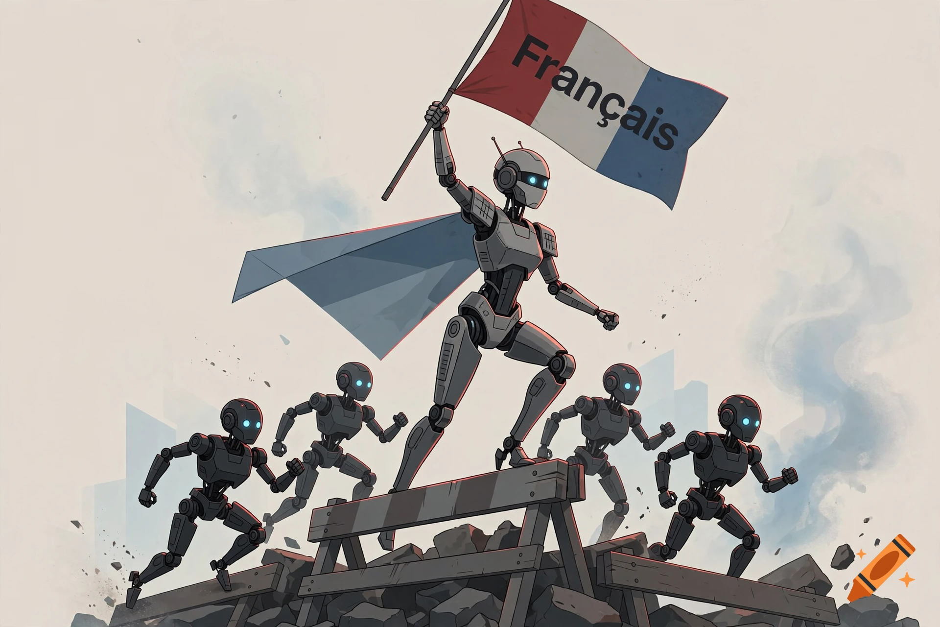 Robots leading a charge over a barricade, carrying a French flag with the text 'Français', in a stylized illustration.
