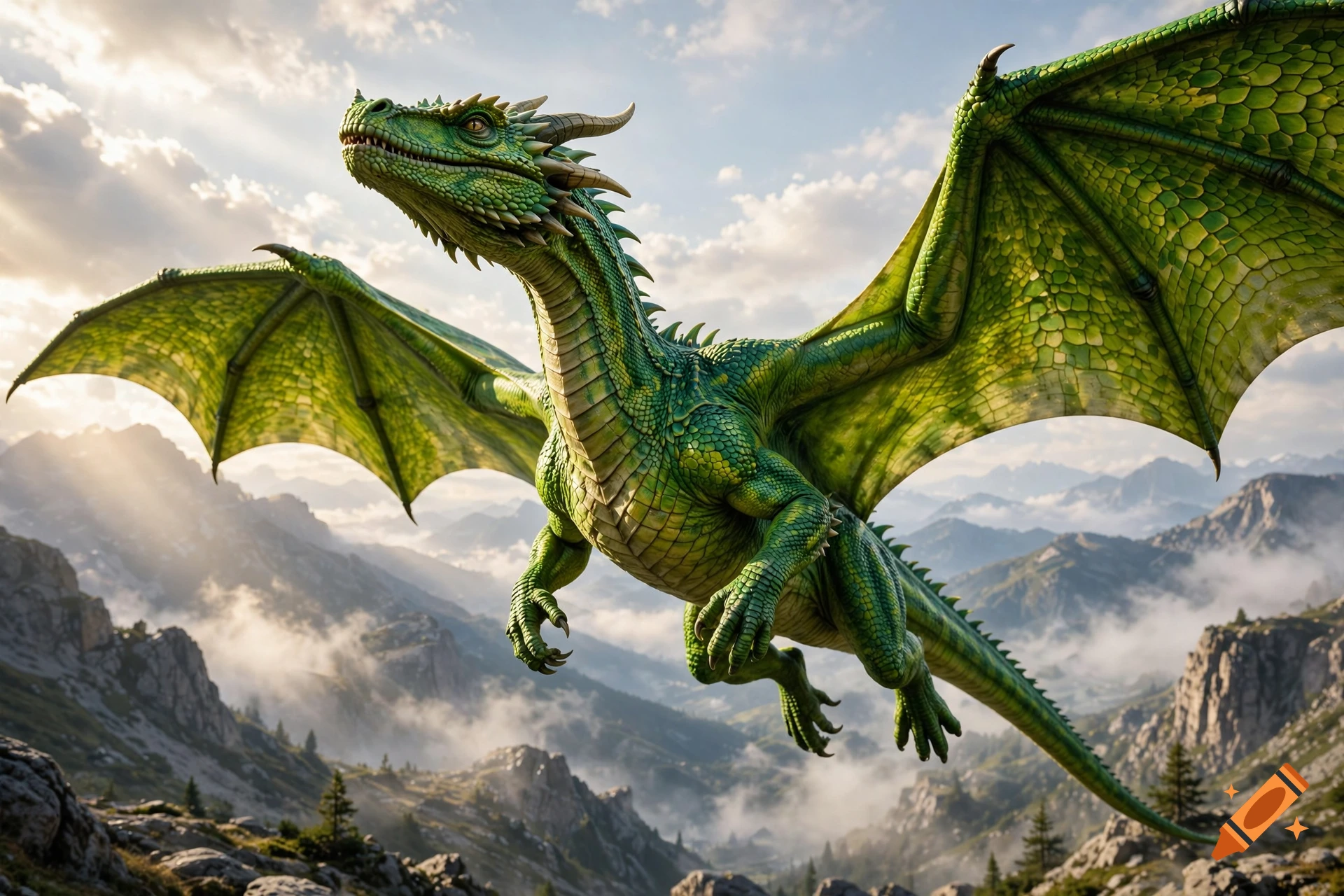 A photorealistic green dragon with scaled wings flying upwards over a mountainous landscape with clouds and sunlight.