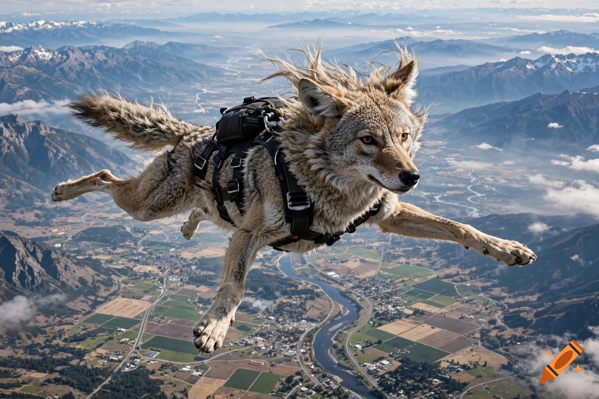 A photorealistic coyote skydiving with a parachute harness high above a mountainous landscape with rivers and valleys.
