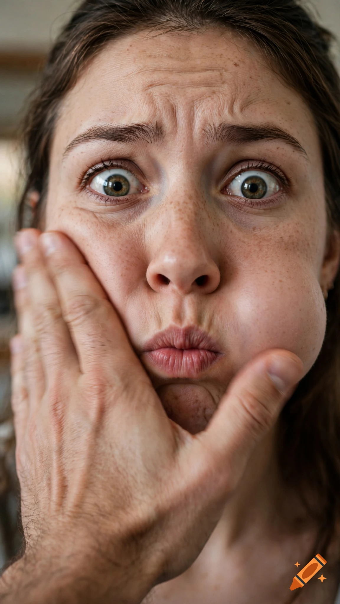 Close-up photorealistic shot of a young woman with freckles, widening her eyes and puffing out her cheeks as a man's hand slaps her cheek.