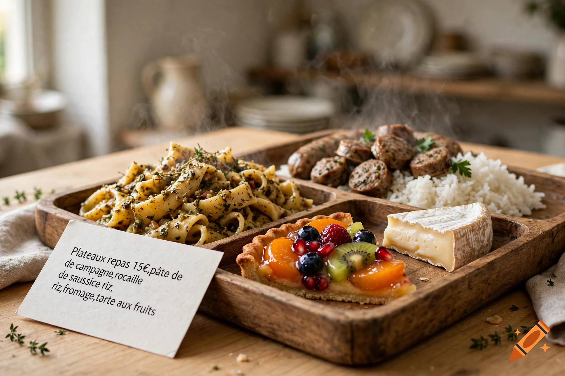 A wooden tray holding a complete meal including pasta, sliced sausage with rice, a fruit tart slice, and a piece of cheese.