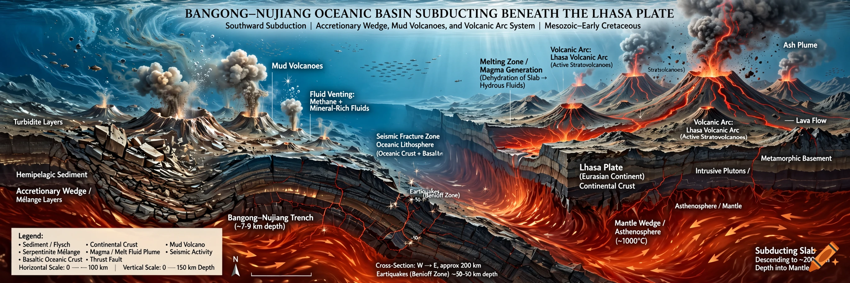 Educational geological cross-section diagram of the Bangong-Nujiang oceanic basin subducting beneath the Lhasa plate.