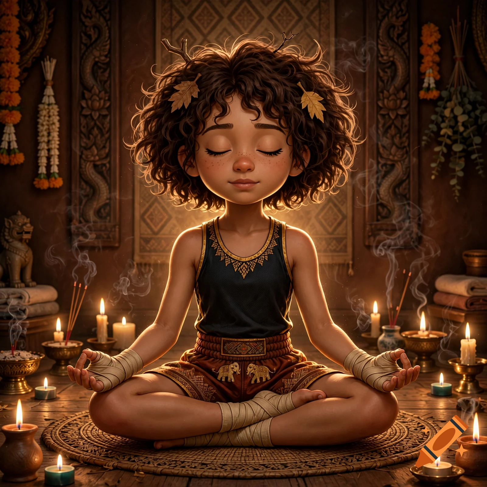 Digital art of Anne Boonchuy from Amphibia with brown curly hair, meditating in full lotus position in a candlelit room.