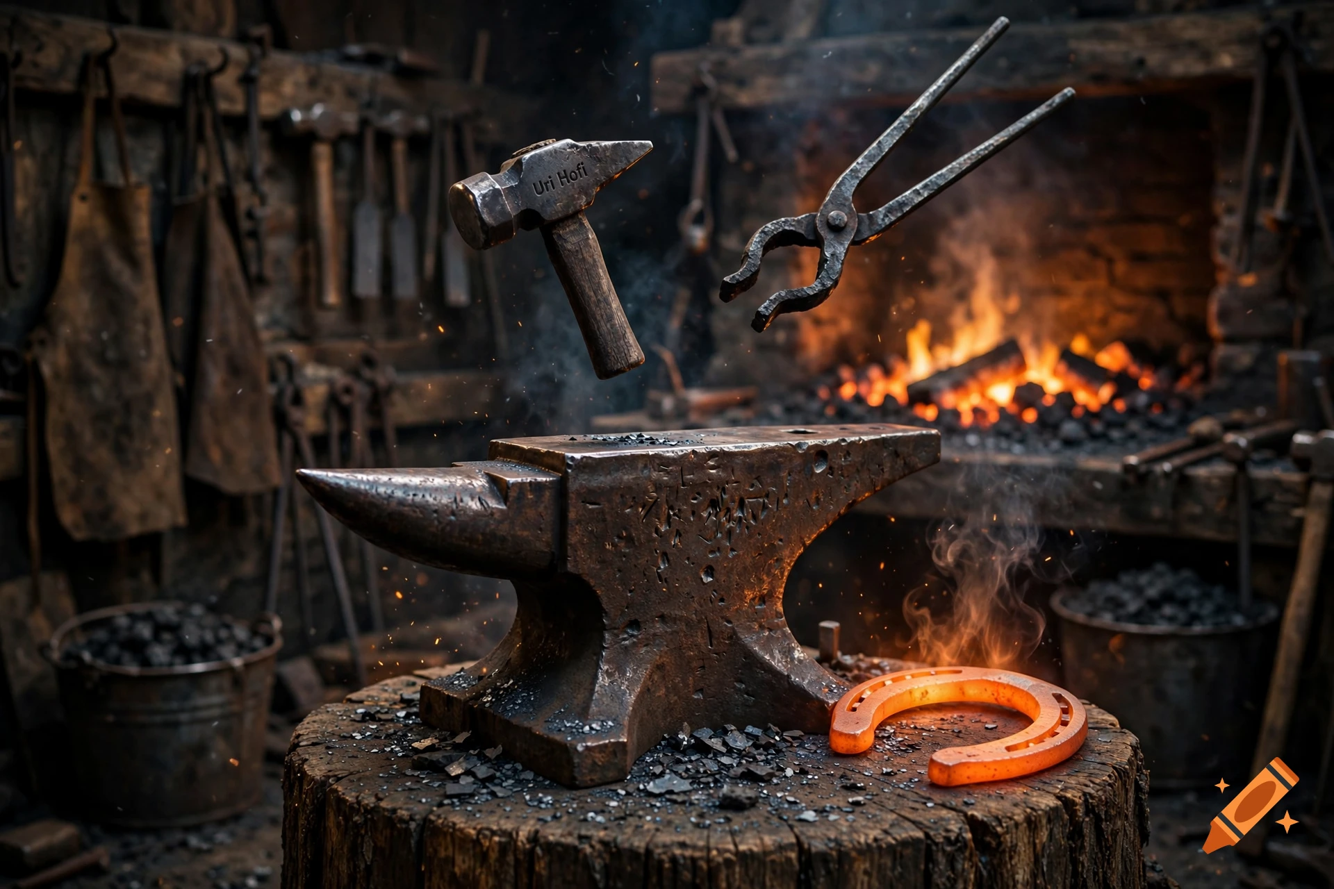 Photorealistic smithy workshop featuring a glowing anvil, a hovering hammer inscribed with text, tongs, and a glowing horseshoe.