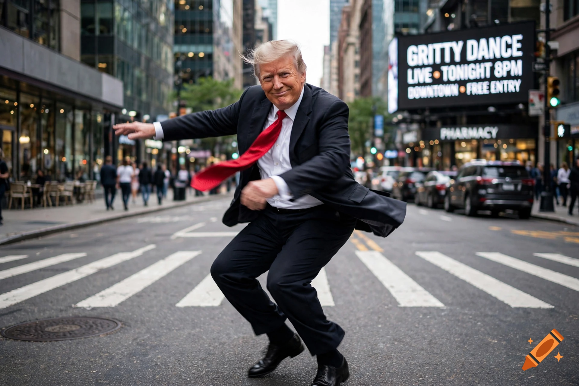 Photorealistic image of Donald Trump doing a dance pose in the middle of a New York City street with a billboard in the background.
