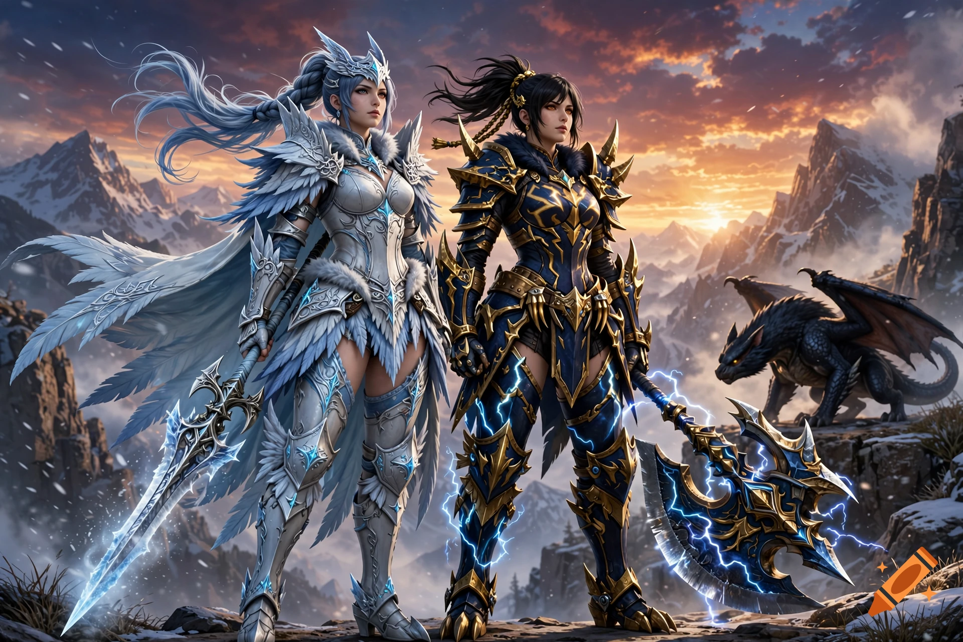 Two fantasy warriors in ornate armor stand on a mountain ridge at sunset, accompanied by a small winged creature.