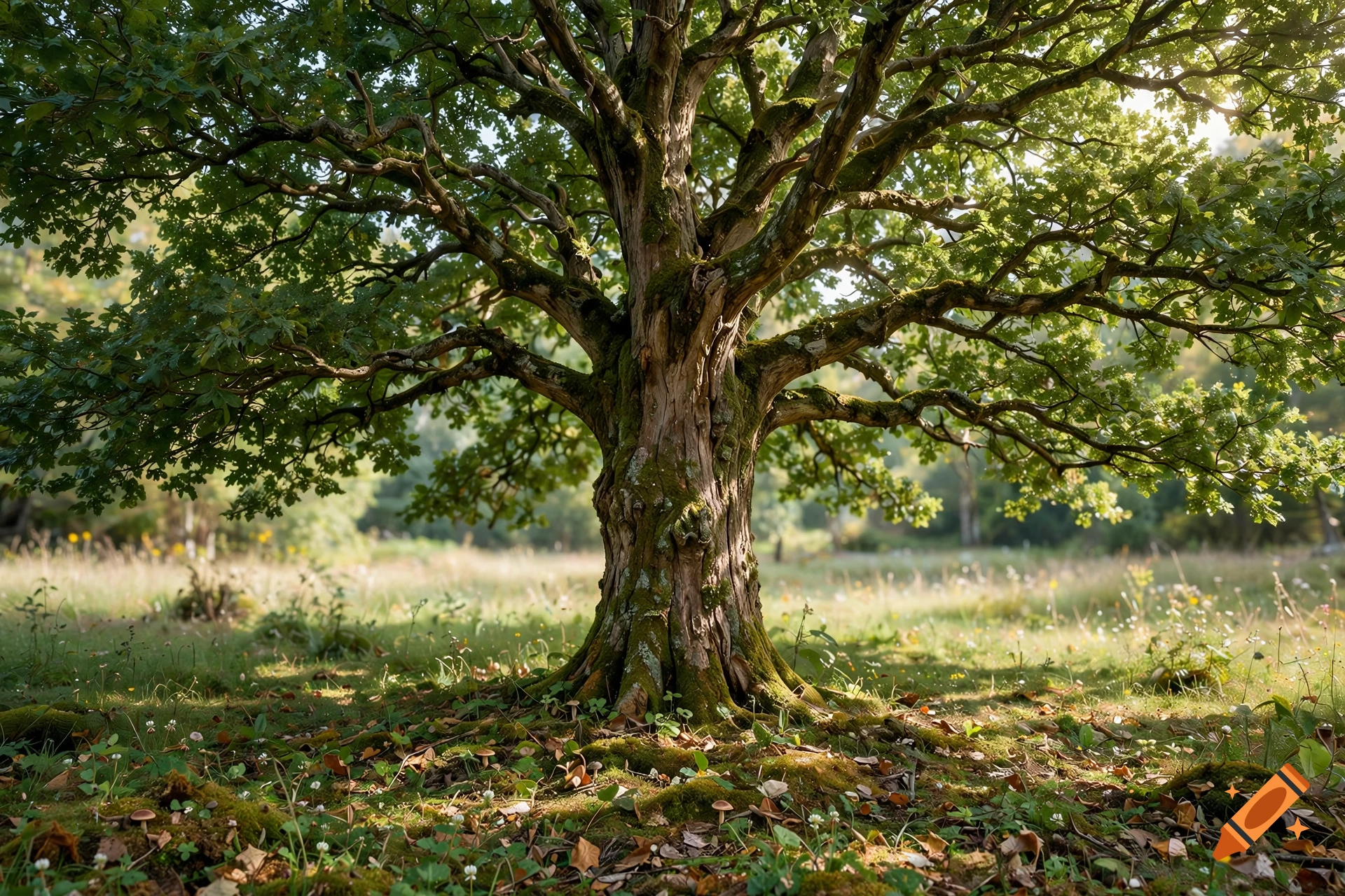 Photorealistic image of a large, mature tree with spreading branches and a mossy trunk in a sunlit meadow.
