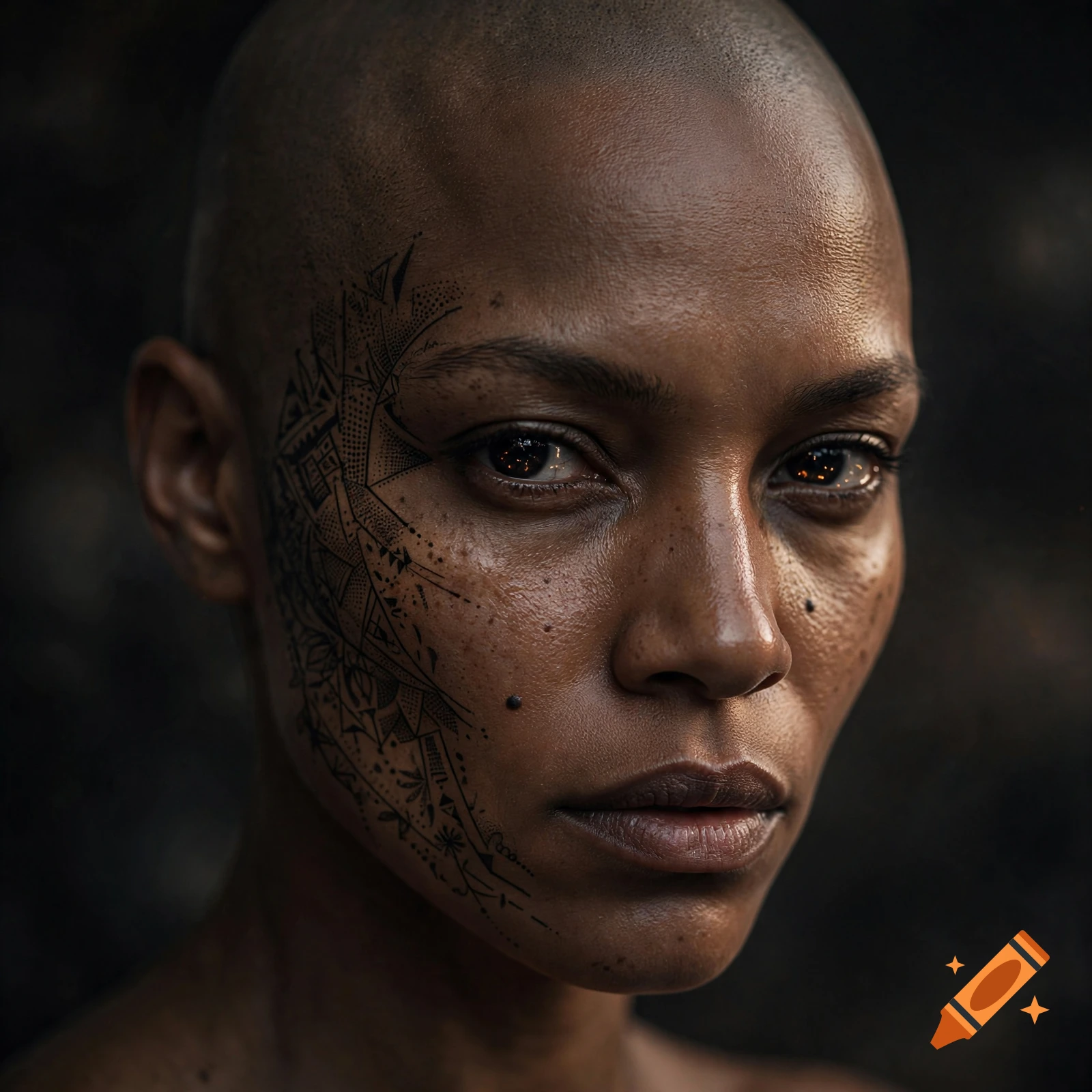 Photorealistic close-up portrait of a mysterious bald woman with intricate geometric tattoos on the side of her face.