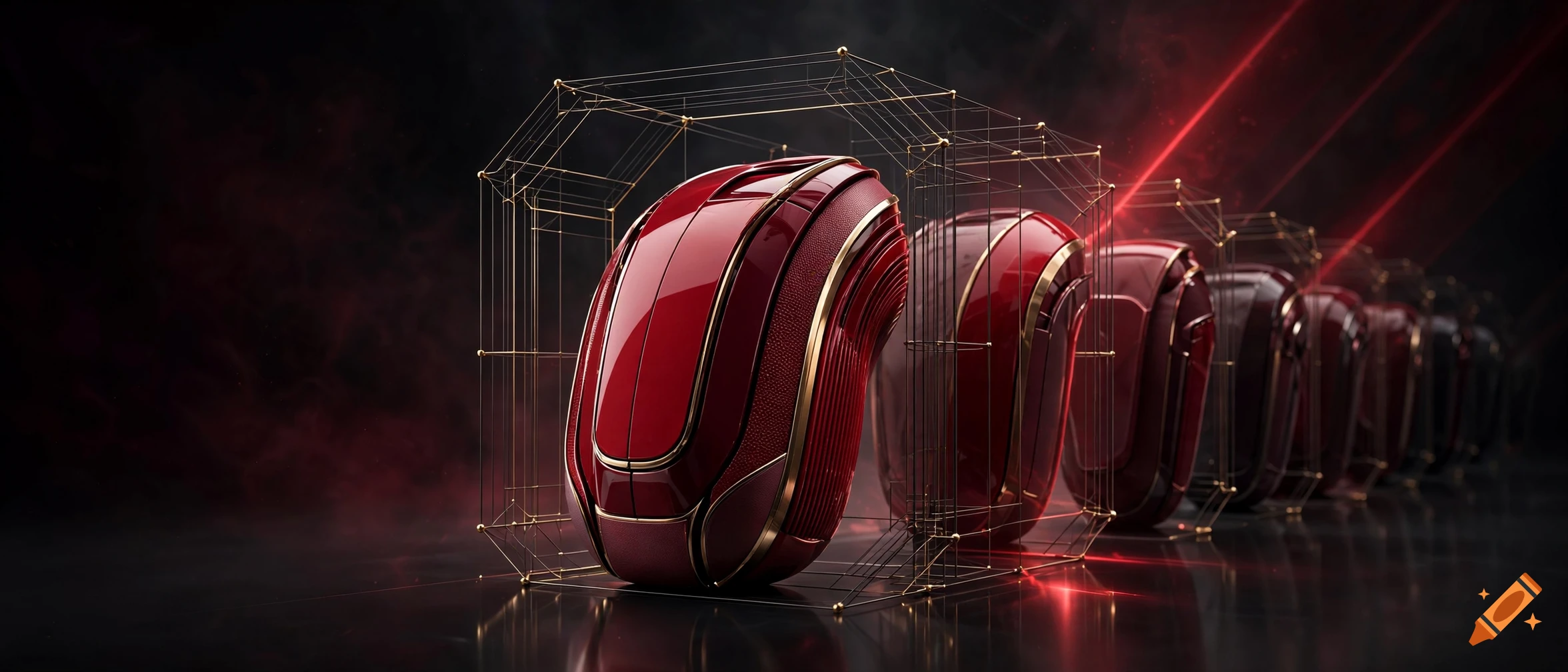 A row of futuristic red computer mice enclosed in gold wireframe cages on a reflective dark surface with red laser light effects.