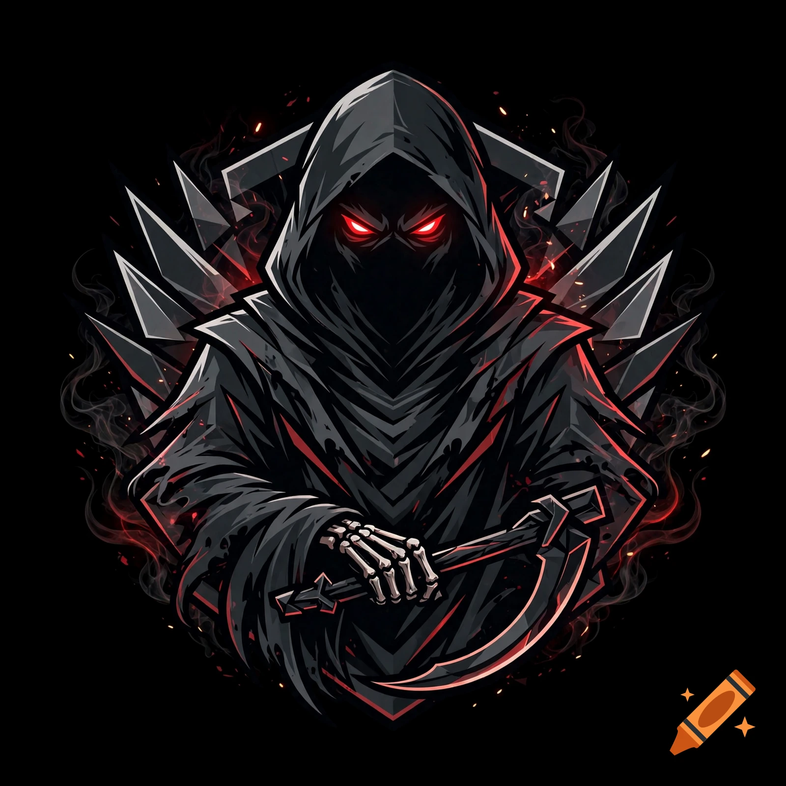 Illustration of a hooded figure with glowing red eyes holding a scythe.