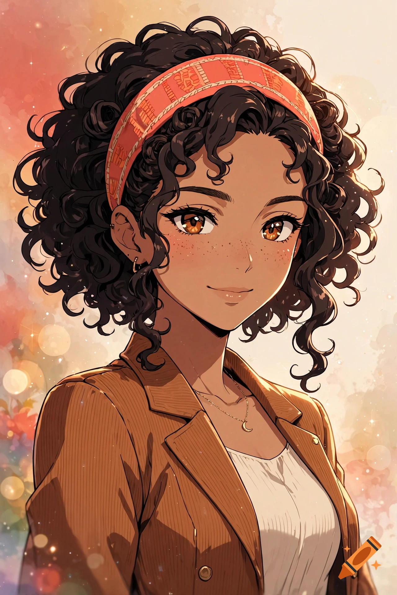 Anime style portrait of a smiling mixed-race woman with curly hair, wearing a patterned headband and a brown jacket.