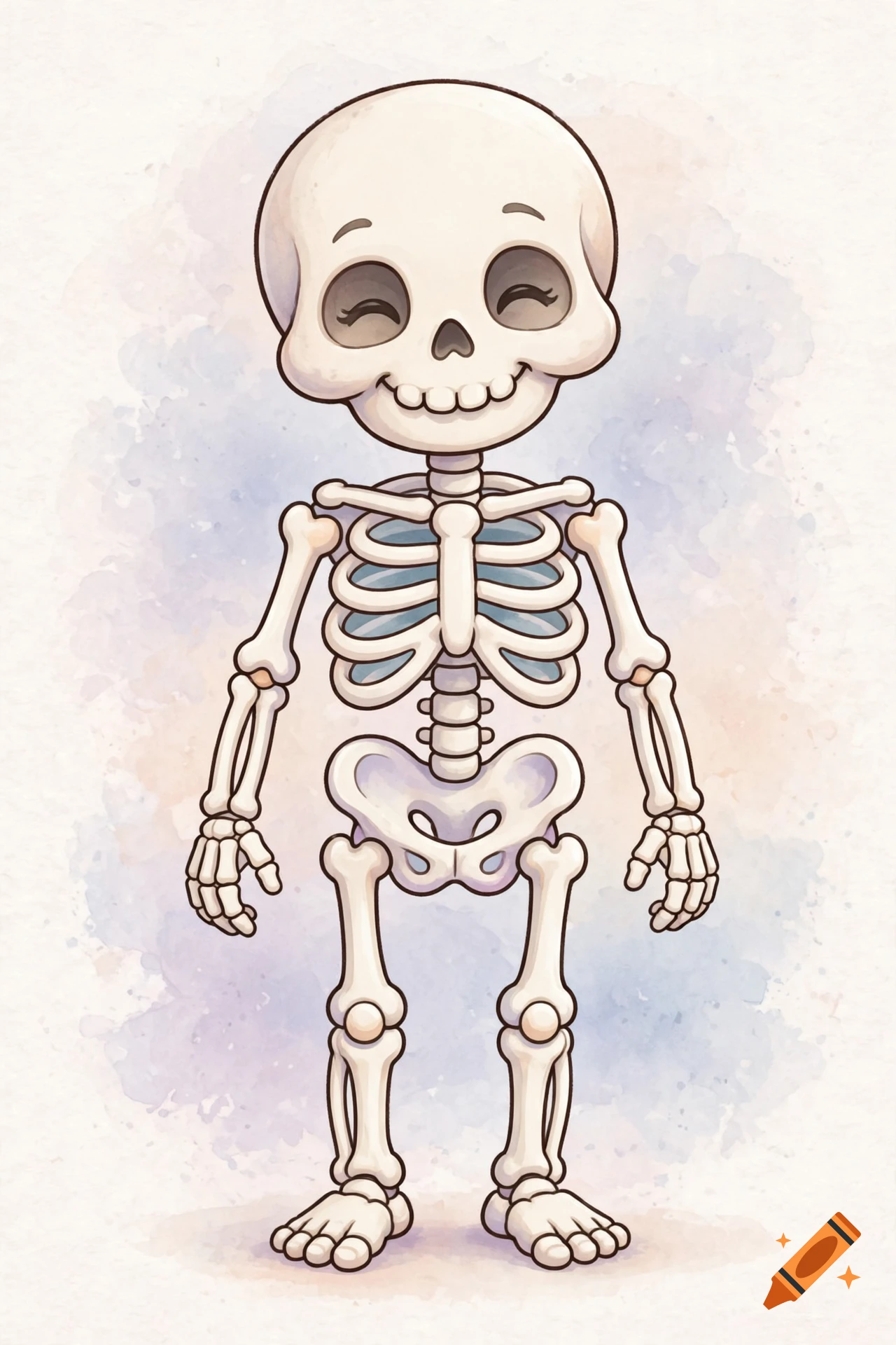 Cute cartoon skeleton watercolor illustration with a smiling face standing upright.