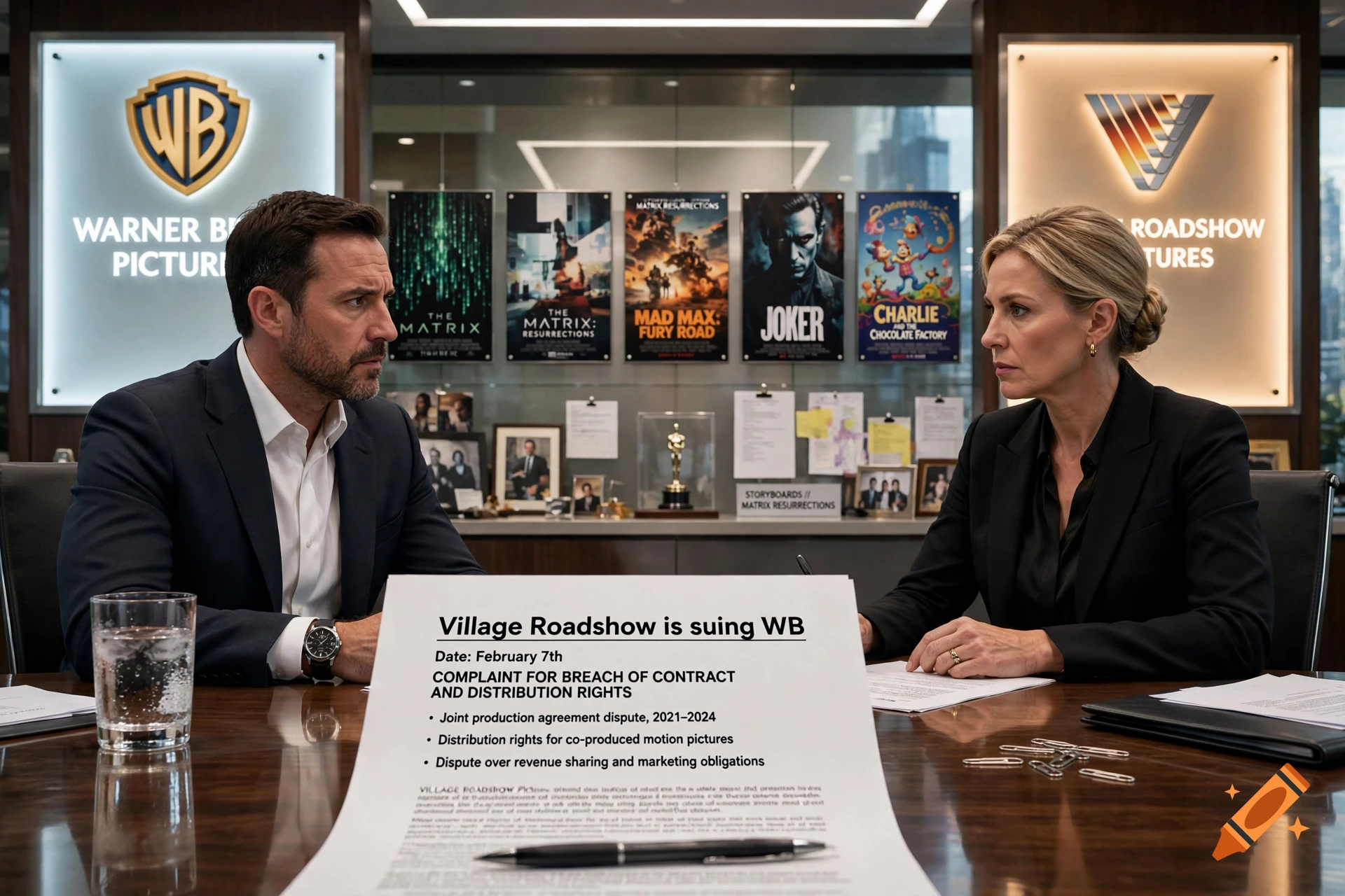 Photorealistic scene of a man and woman in a boardroom reviewing a lawsuit document.