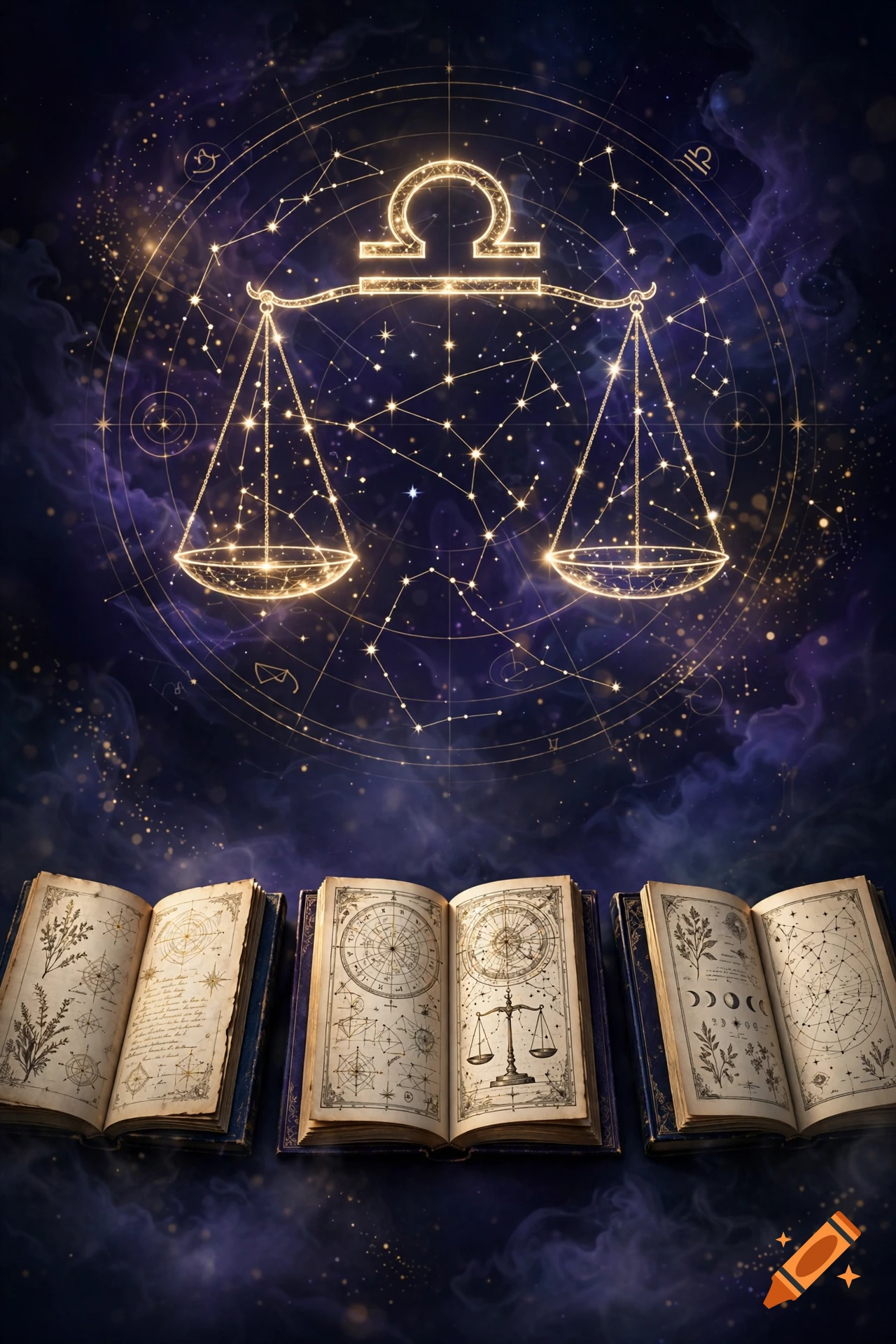 Three open ancient books on a dark surface beneath a glowing Libra constellation in a starry night sky with nebula clouds.