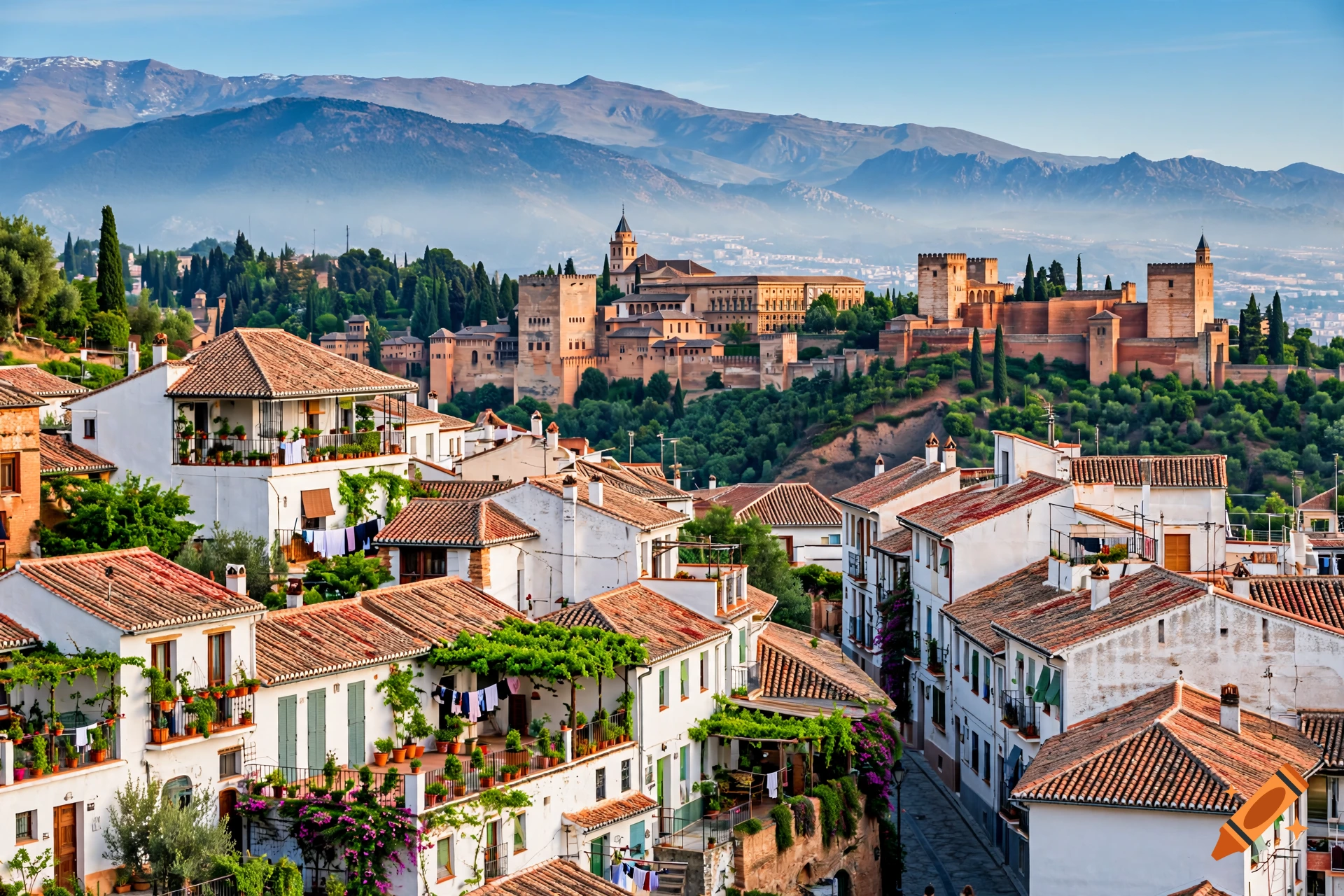 Photorealistic view of white-roofed houses in Granada with the Alhambra palace and mountains in the background.