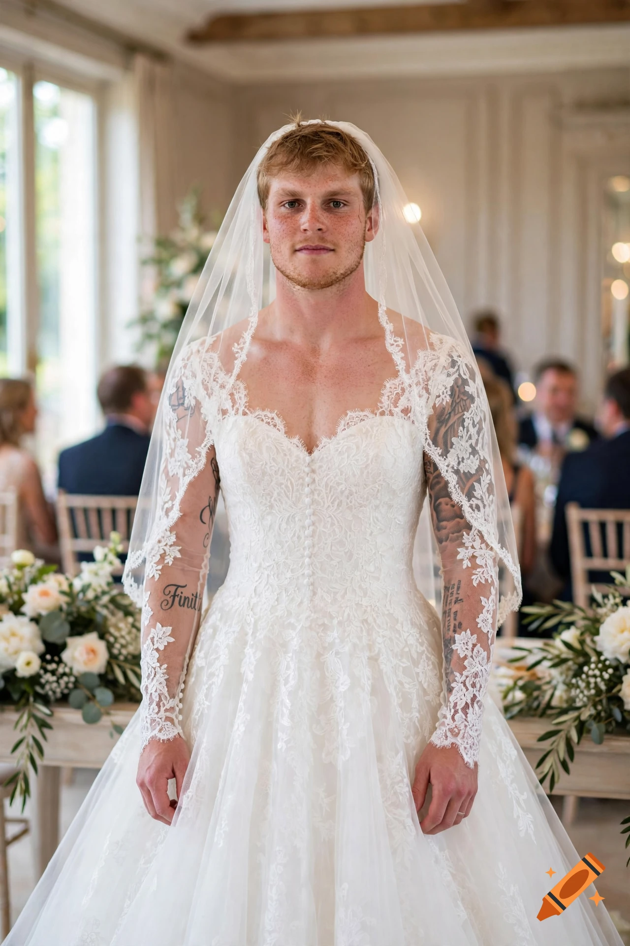 Photorealistic image of American football player Trey Mcbride wearing a white lace wedding dress and veil in a dining room.