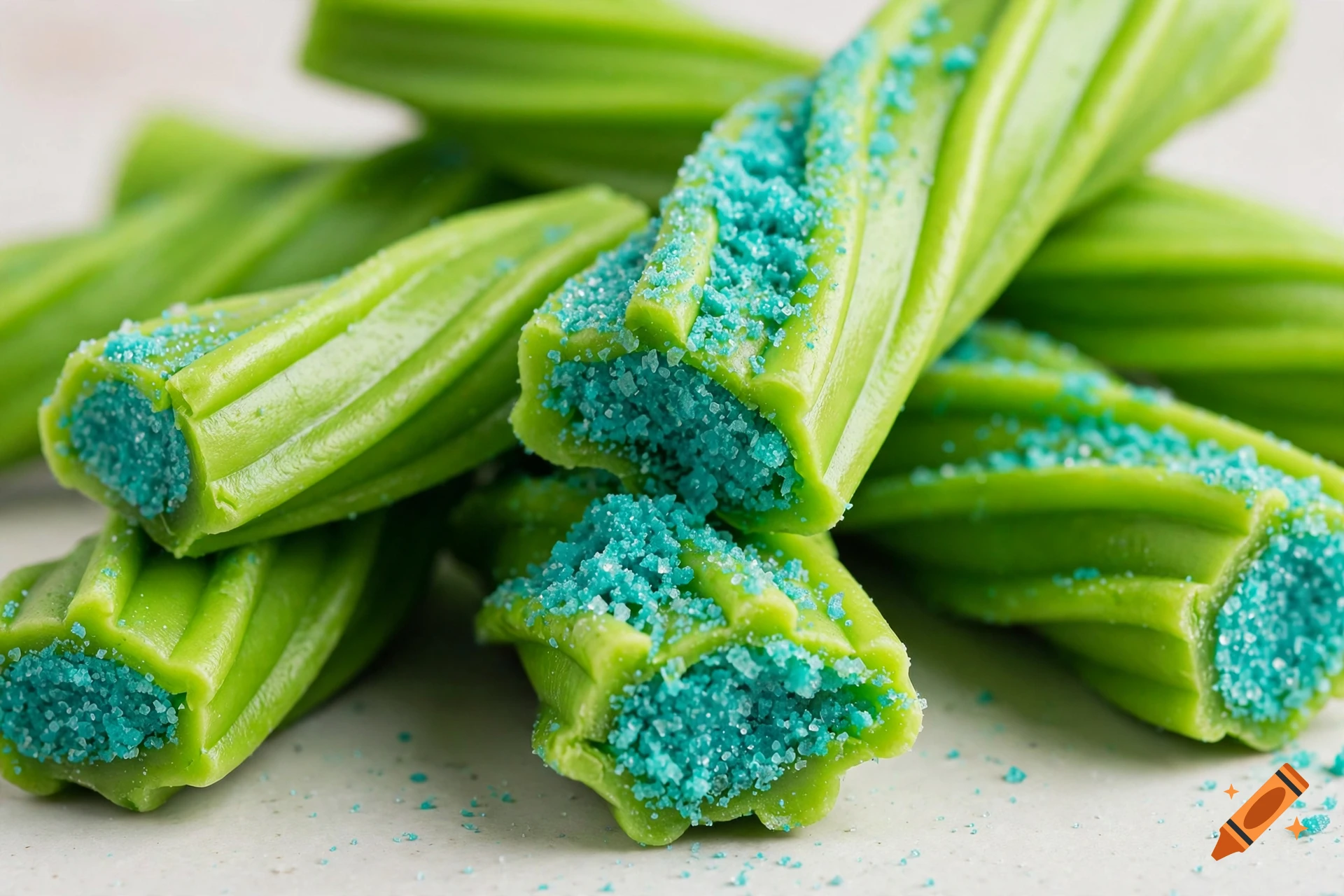 Close-up photorealistic image of lime green licorice pieces filled with blue sour sugar crystals.